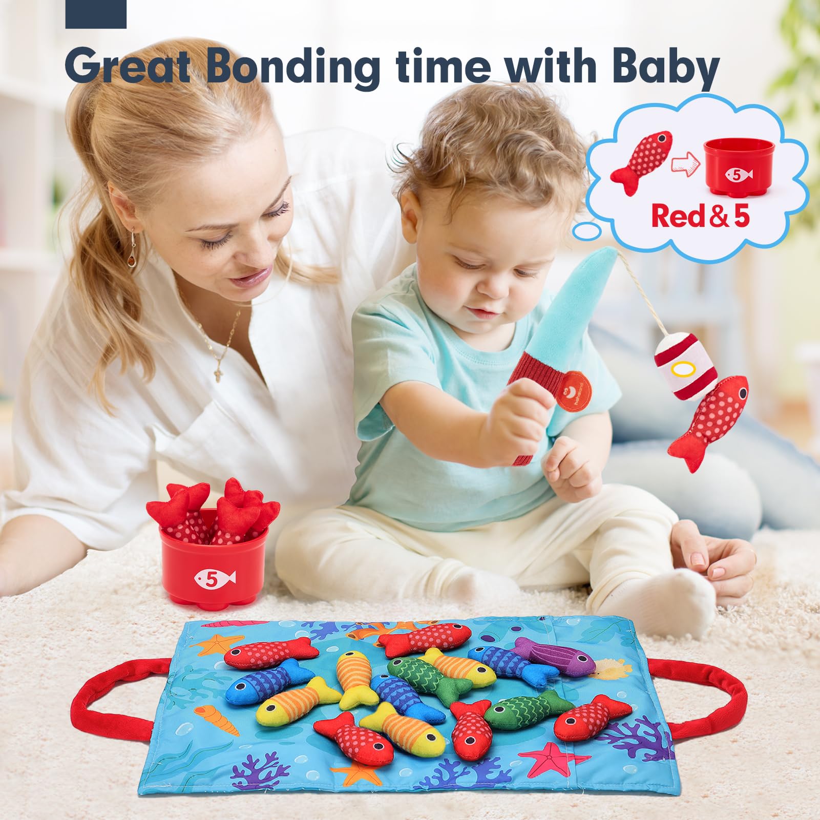 hahaland Montessori Toys for 1 Year Old Boy Girl Birthday Gift - 10 in 1 Cloth Fishing Game Valentines Day Gifts for Toddler Toys 1-3 with Stacking Cups - Number Counting, Color Sorting Learning
