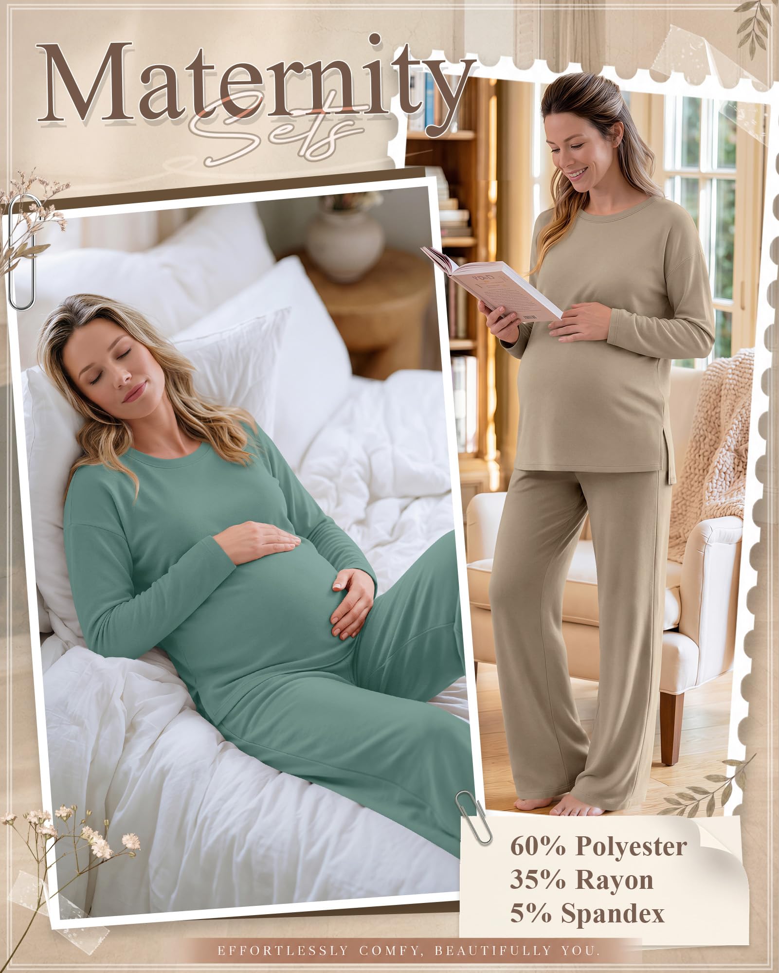 Huukeay 2 Pack Maternity Long Sleeve Pajamas Sets, 2-Color, Medium