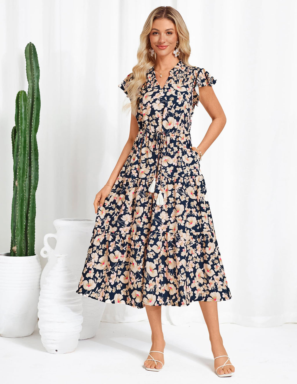 GRACE KARIN Floral Midi Dress for Women Casual Flowy Beach Wedding Guest Dress Long Dresses with Pockets