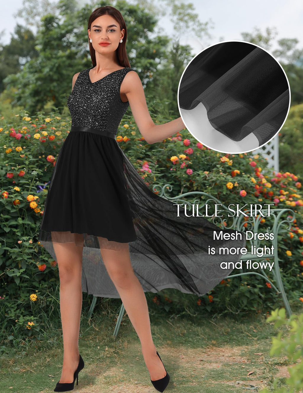 BeryLove Women's Sequin Party Dress Homecoming Formal Cocktail Swing Wedding Dressws High Low Sleeveless V-Neck Prom Gowns S003 Black L