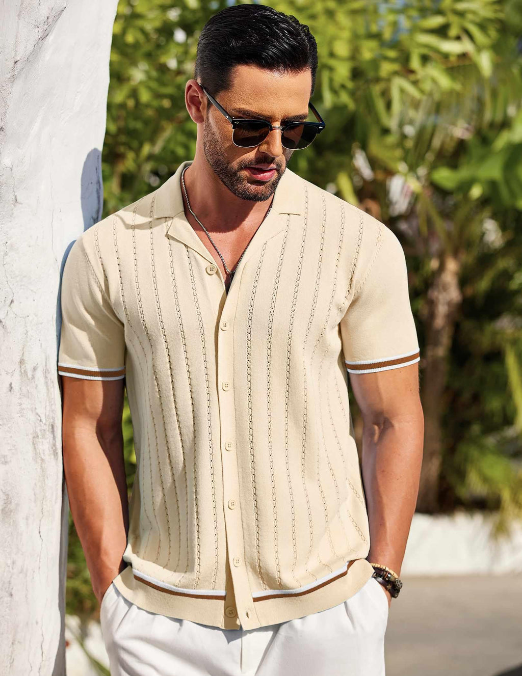 COOFANDY Men's Beach Summer Shirt Stretch Shirt Novelty Button Down Shirts Vacation Shirts Beige