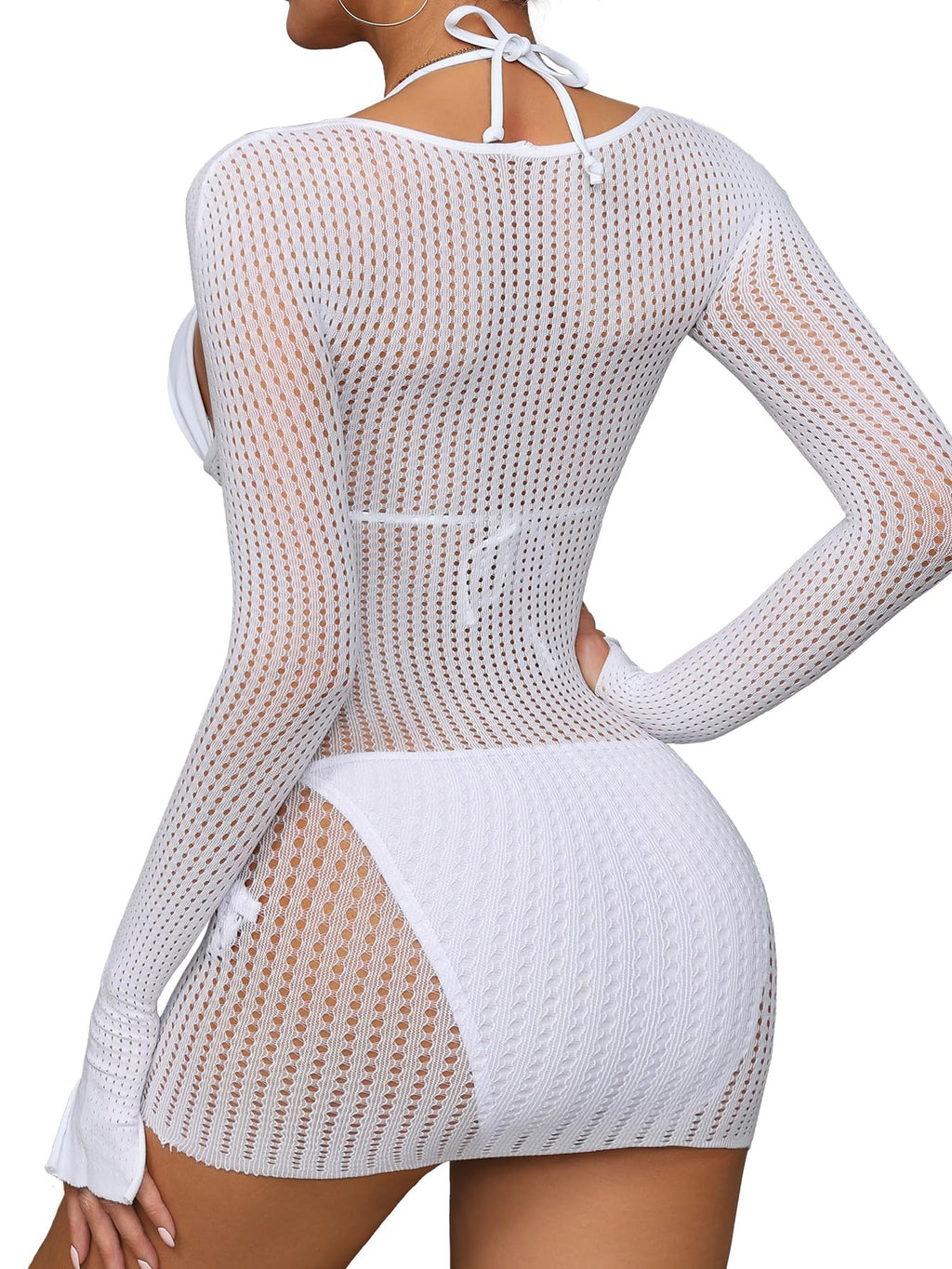 Lilosy Sexy Crochet Sheer Long Sleeve Cover Up Swim Bathing Suit Beach Dress One Piece See Through Women Swimwear Fishnet White Medium