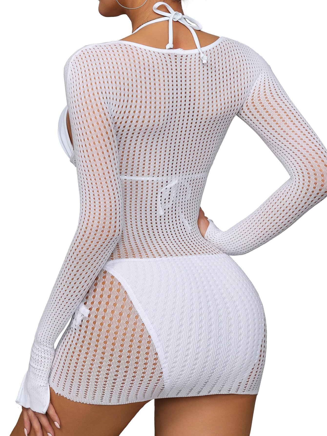 Lilosy Sexy Crochet Sheer Long Sleeve Cover Up Swim Bathing Suit Beach Dress One Piece See Through Women Swimwear Fishnet White Medium