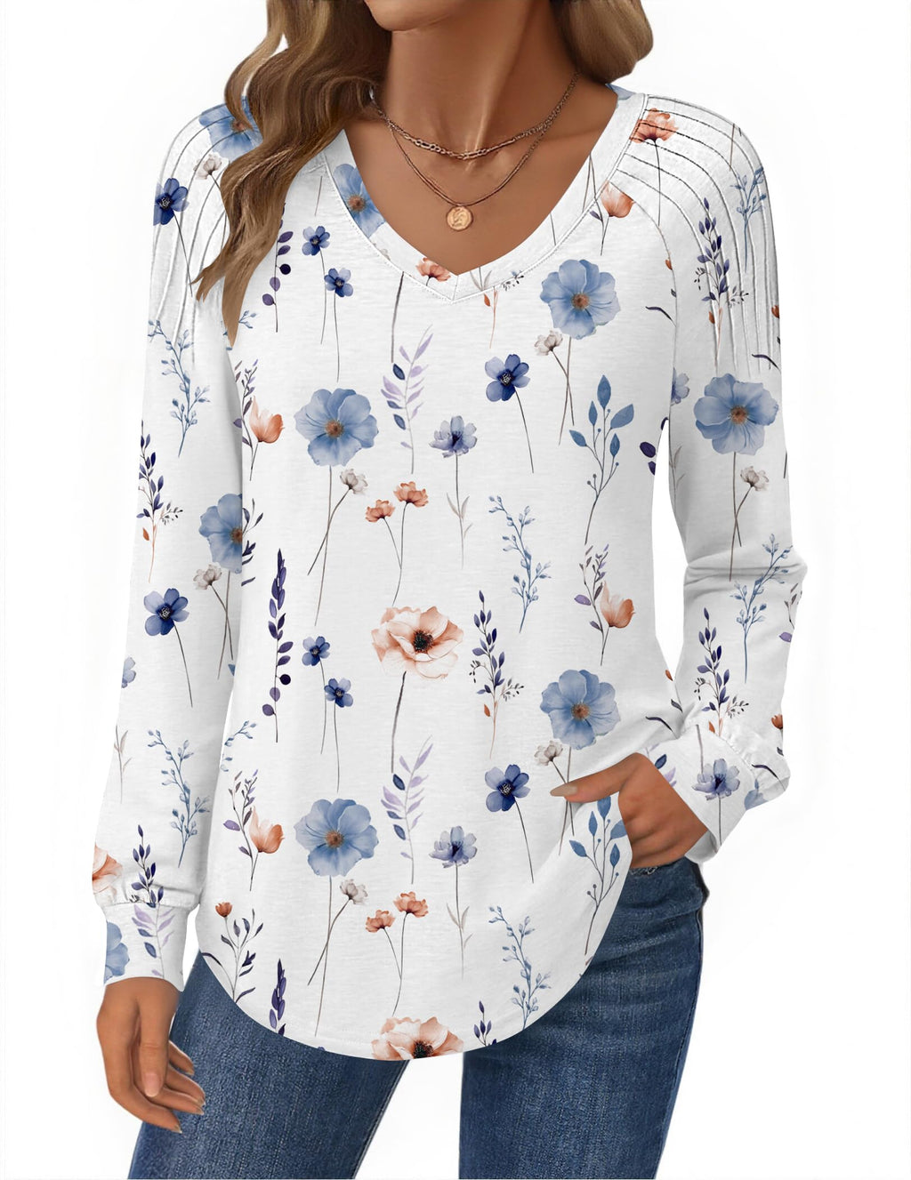 Zeagoo Shirts for Women Tops Long Sleeve V Neck Pleated Fall Casual T Shirts Boho Tunic Fall Winter Trendy Clothes