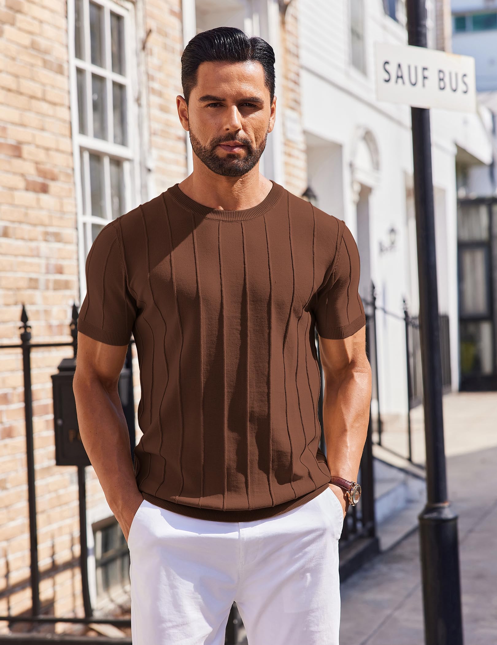 COOFANDY Mens T Shirts Summer Casual Short Sleeve Knitted Shirts Solid Crewneck Sweater Shirts Under Balzer Shirt Brown