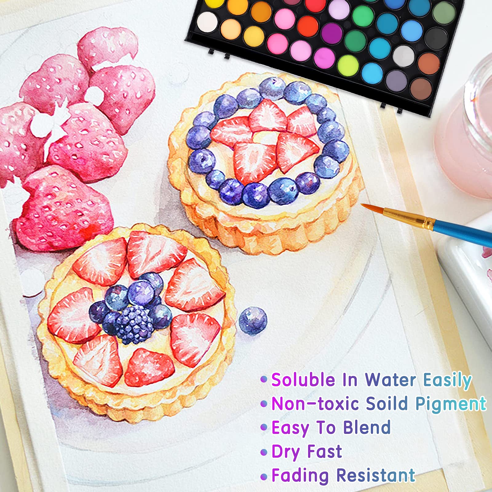 Watercolor Paint, 48 Colors Washable Watercolor Paint Set with a Brush a Refillable Water Brush Pen and Palette, Non-toxic Water Color Paints Sets for Kids Adults Artists Children Students Beginner