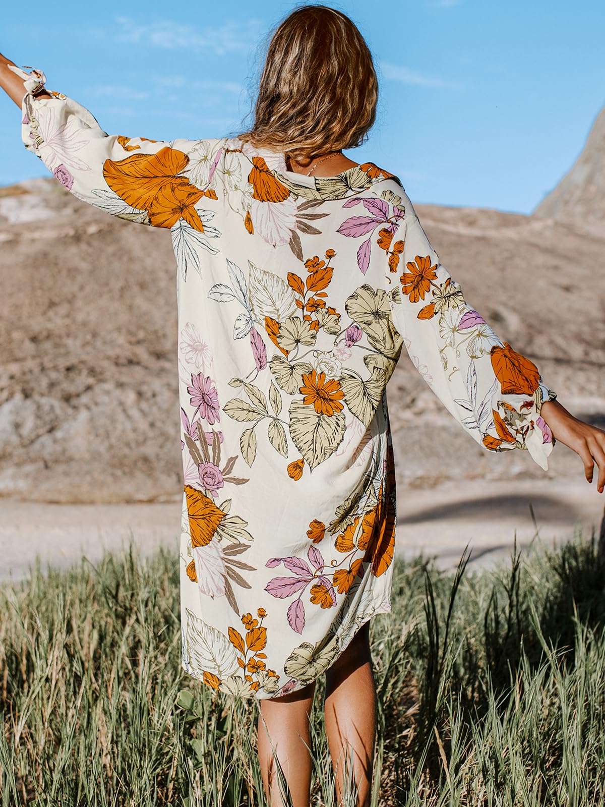 CUPSHE Women Floral Shirt Dress Cover Up Beach Dress 3/4 Sleeve Button Down Midi Length Dress White Yellow M