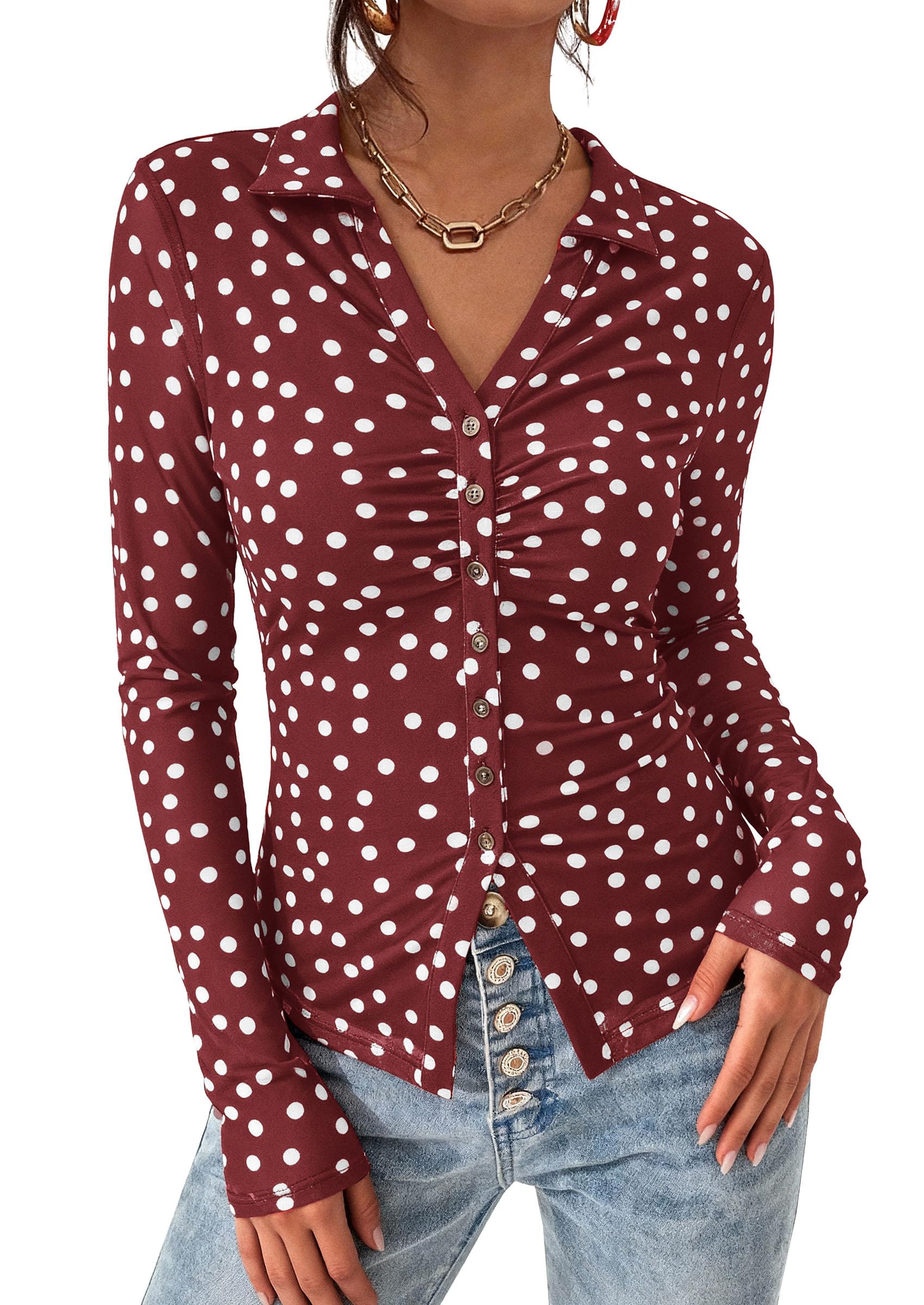 PRETTYGARDEN Women Button Down Floral Shirts 2026 Fall Trendy Long Sleeve V Neck Mesh Boho Blouse Spring Tops Date Outfits (01 Dot Burgundy White,Large)