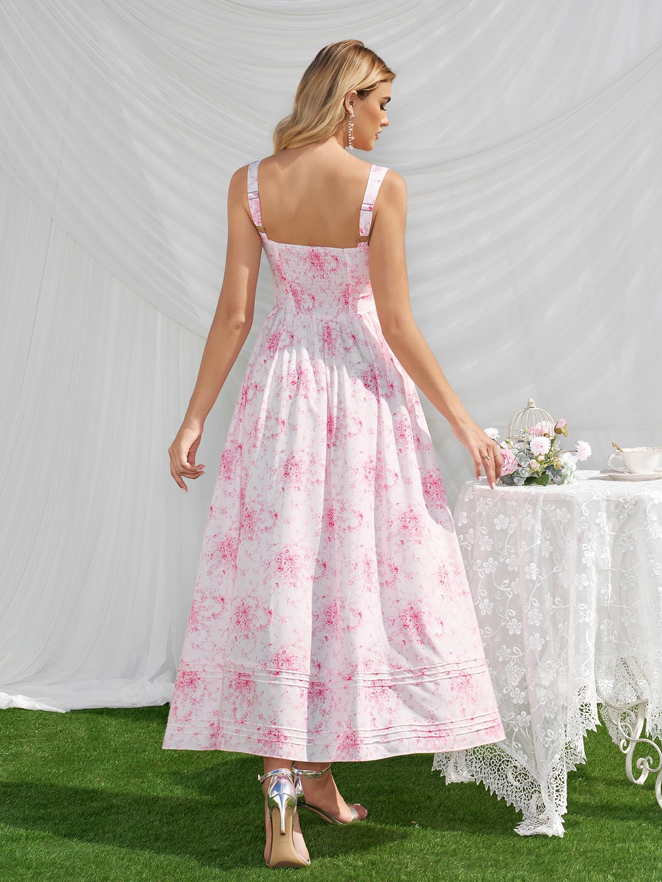 HTZMO Floral Summer Wedding Guest Party Long Dress Square Neck A Line Casual Vacation Milkmaid Maxi Sundress for Women PinkFloral M
