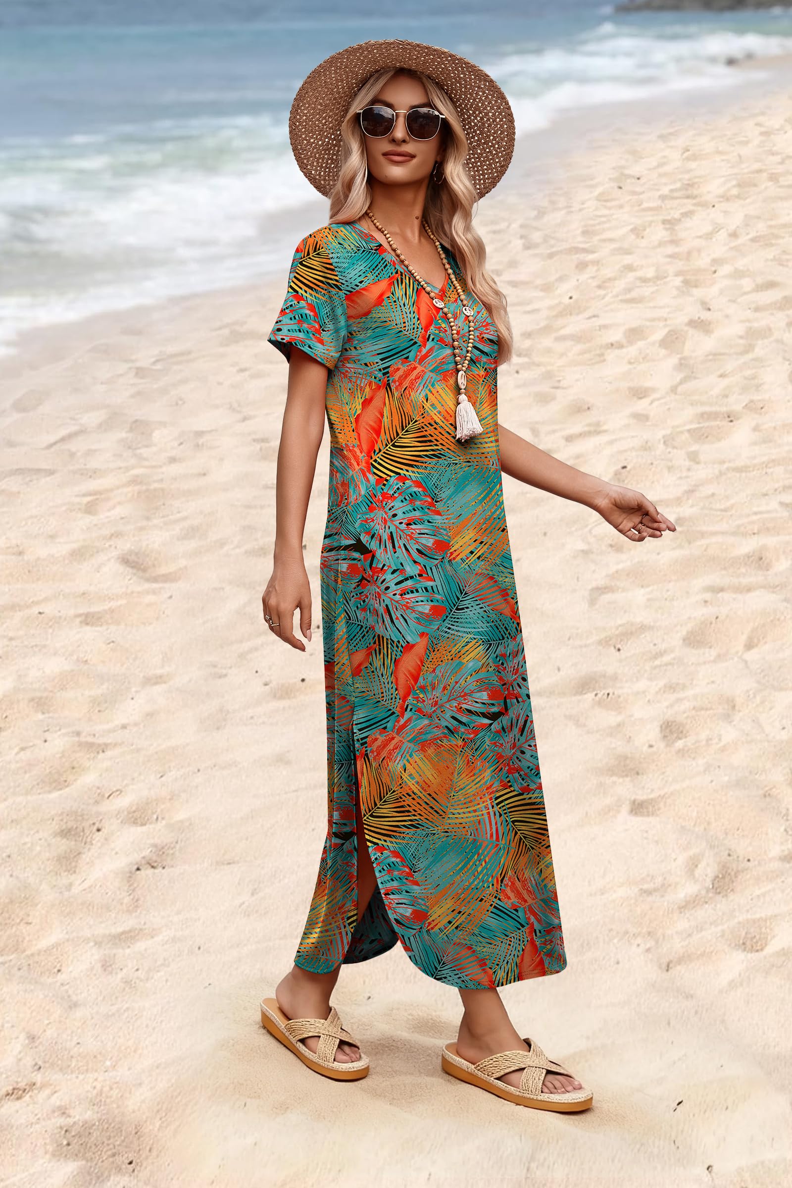 WIHOLL Shirt Dresses for Women 2026 Vacation Casual Maxi Hawaiian Midi Dress V Neck Cruise Outfits for Women Floral L