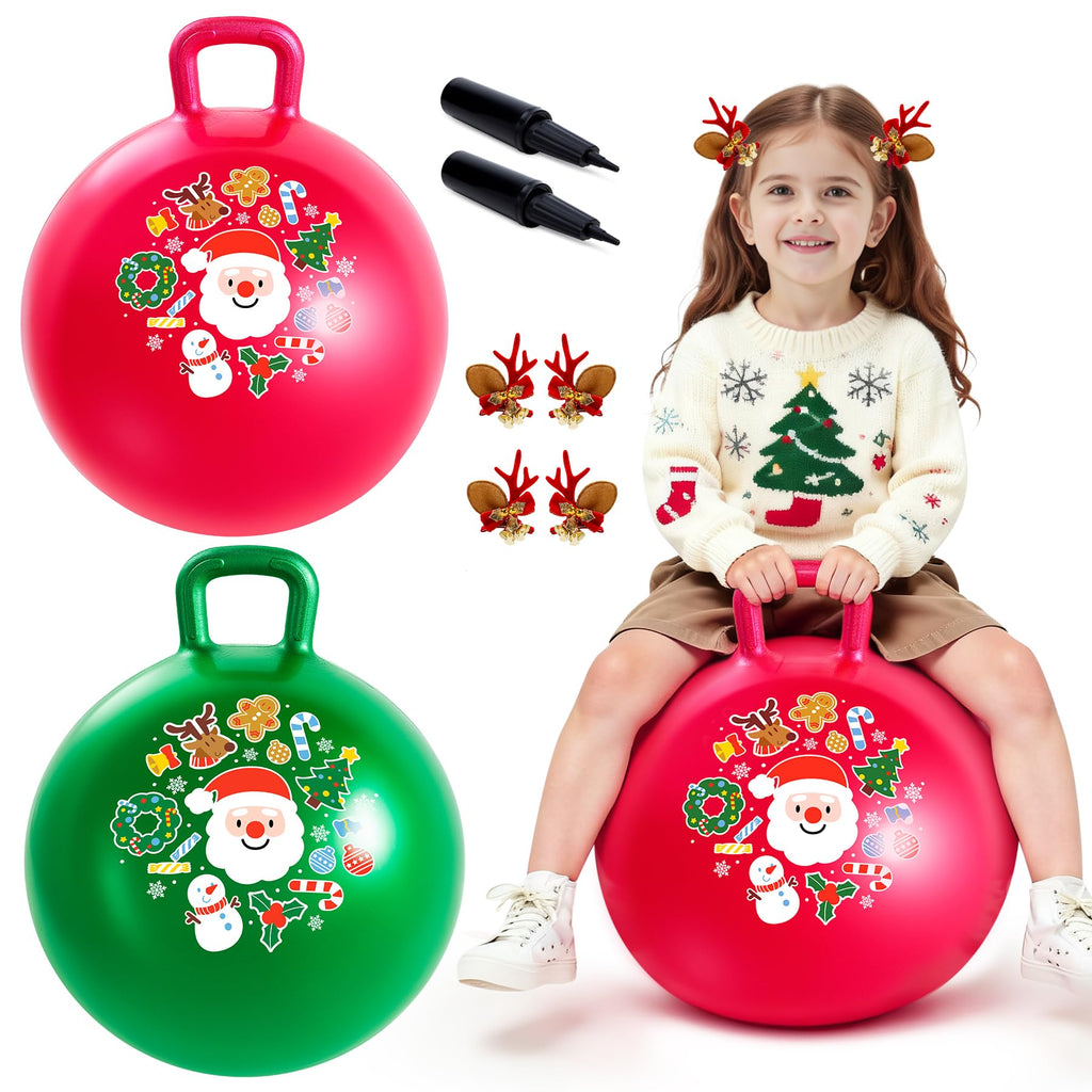 ZOOJOY Hopper Ball 2-Pack Set for Girls&Boys 3-8 with Free Hair Clips, Festive Red & Green 18in Bouncy Ball with Handle for Kids, Christmas Toys Indoor and Outdoor Play Includes Pumps