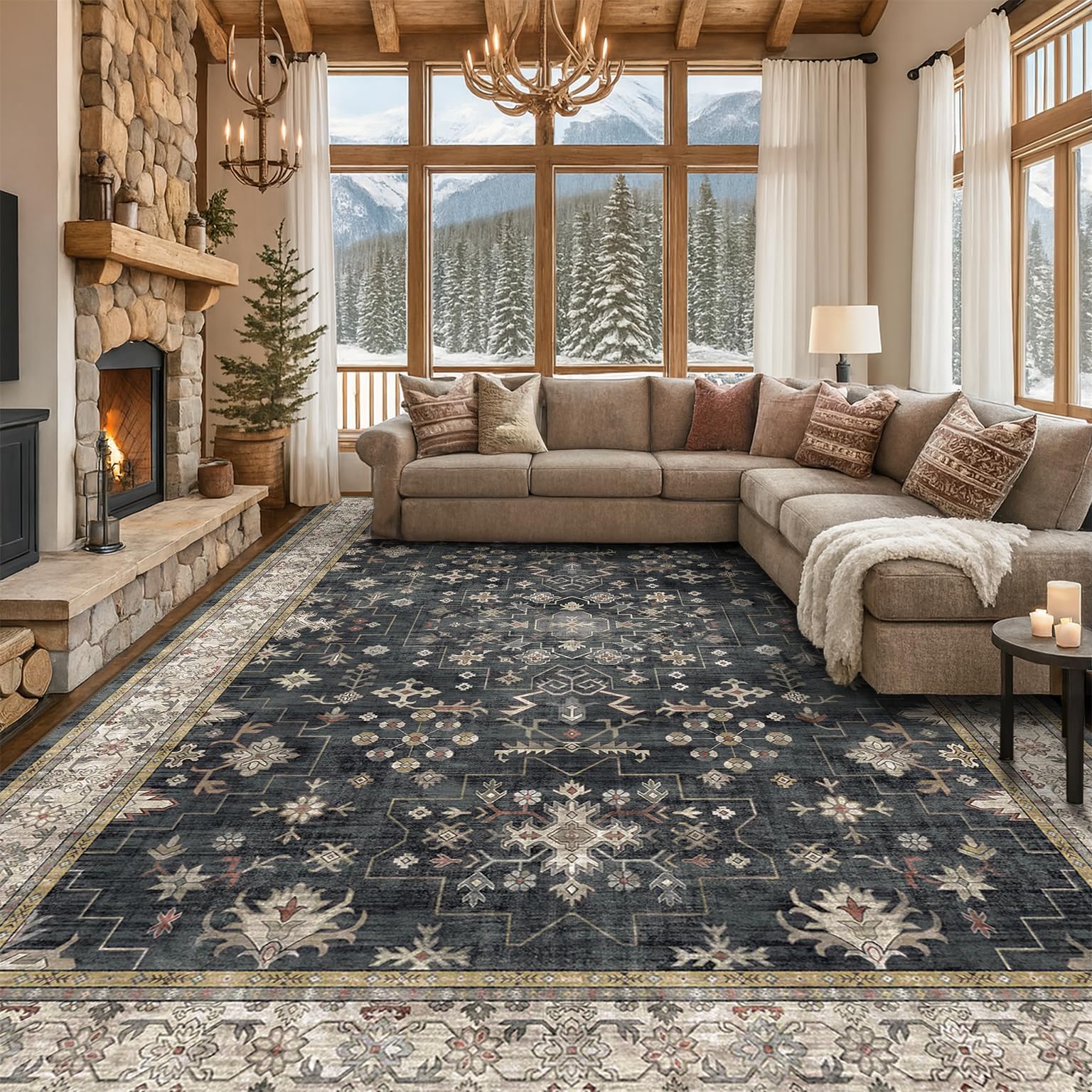 Boho Black Rug for Living Room - Washable 10x14 Area Rug, Dining Room Rugs for Under Table, Soft Low Pile Carpet for Large Bedroom - Farmhouse Decor, Non-Slip & Stain Resistance (10x14 Black/Multi)