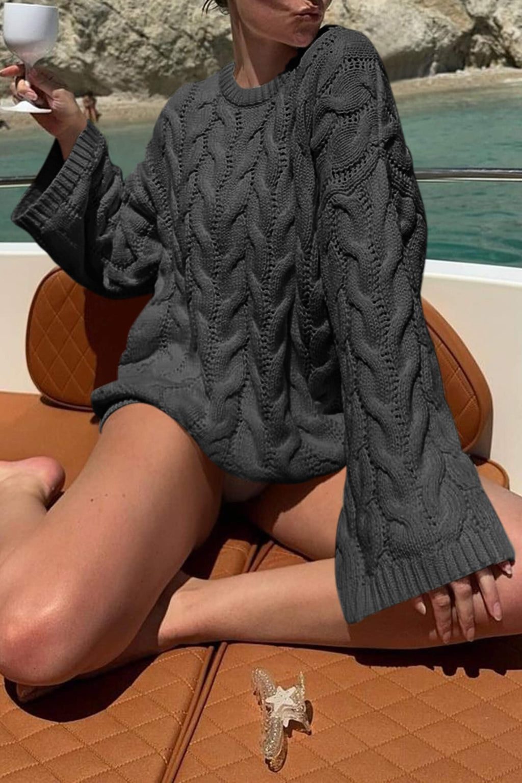 Cicy Bell Womens Oversized Cable Knit Sweaters Long Sleeve Crewneck Chunky Loose Fit Pullover Tops Black