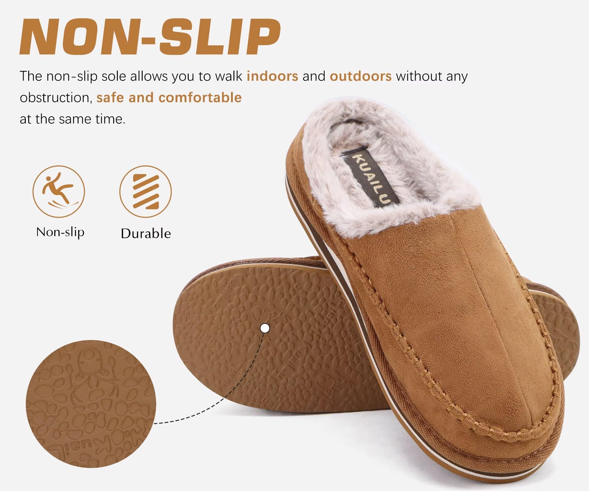 KuaiLu Mens Slippers with Orthopedic Arch Support Suede Faux Fur Fluff Plush Wool-like Warm House Shoes Comfortable Slip-on Bedroom Indoor Outdoor Clogs Slippers for Man, Size Khaki 7