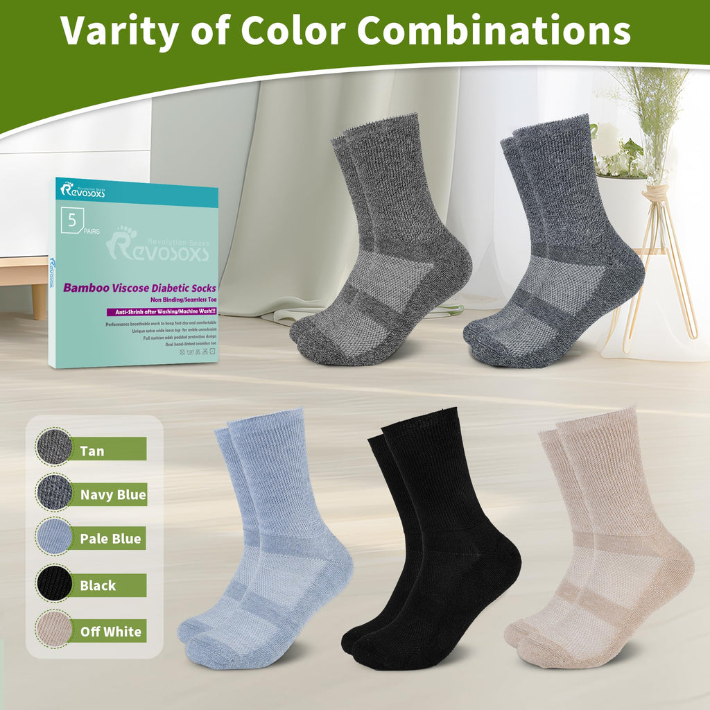Revosoxs Diabetic Crew Socks for Men Women,Bamboo Viscose Non-Binding Loose Top Wide Socks with Seamless Toe 9-11 10-13（Dark B-Medium）