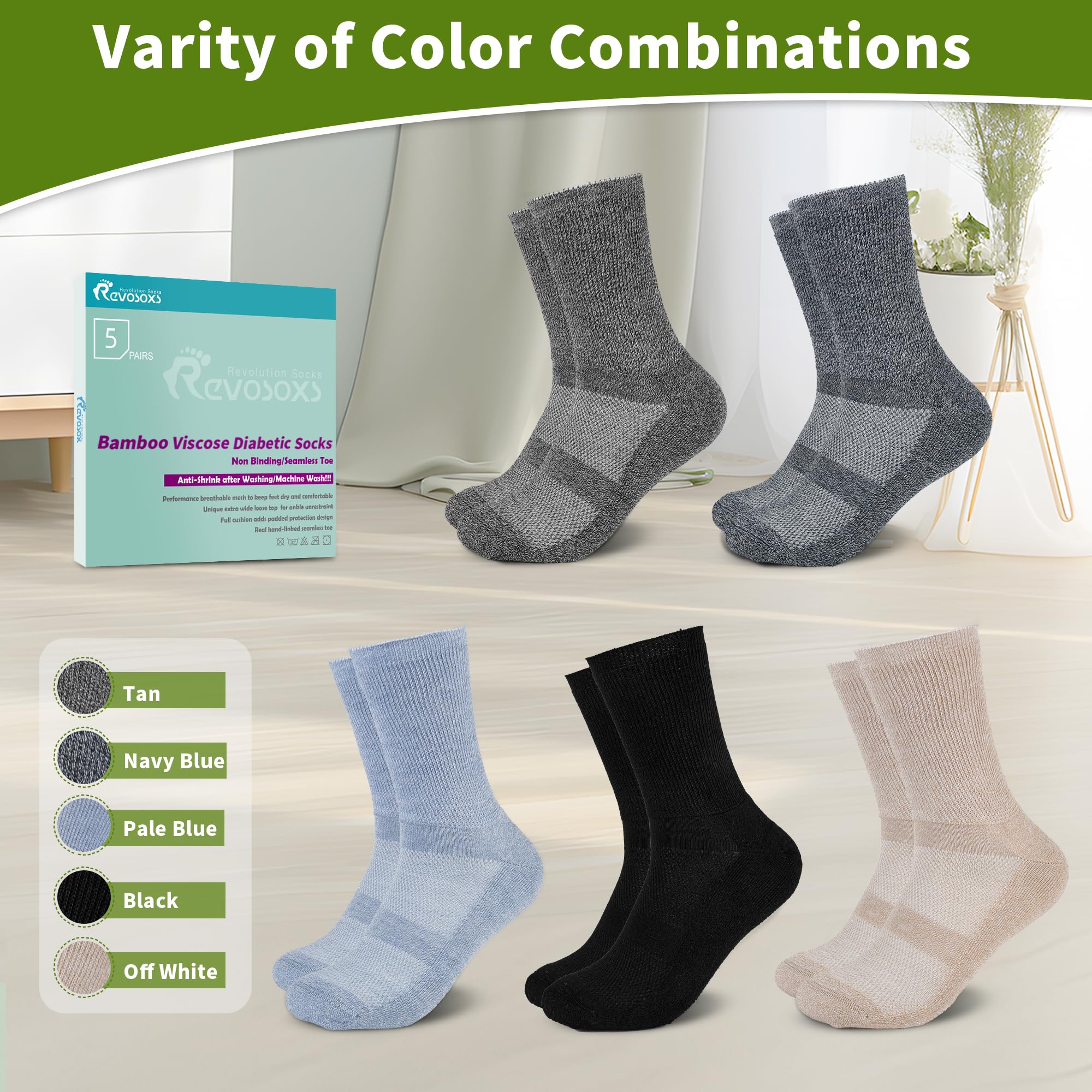 Revosoxs Diabetic Crew Socks for Men Women,Bamboo Viscose Non-Binding Loose Top Wide Socks with Seamless Toe 9-11 10-13（Dark B-Medium）