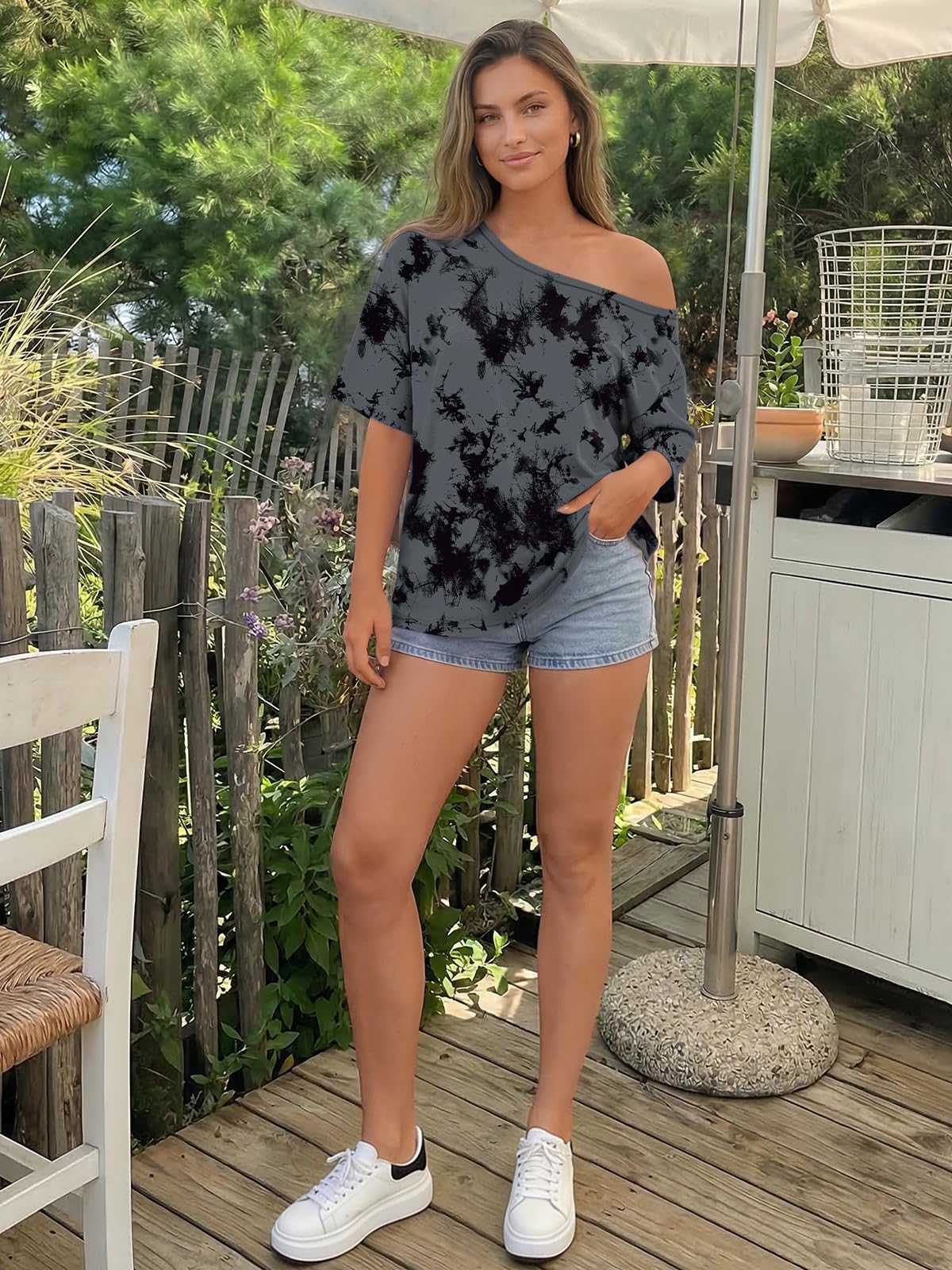 Trendy Queen Womens Off the Shoulder Tops Oversized T-Shirts Short Sleeve Tees Summer 2026 Casual Spring Clothes Workout Gym Y2k Cute Going Out Plus Size Fashion Clothing CamoDarkgrey M