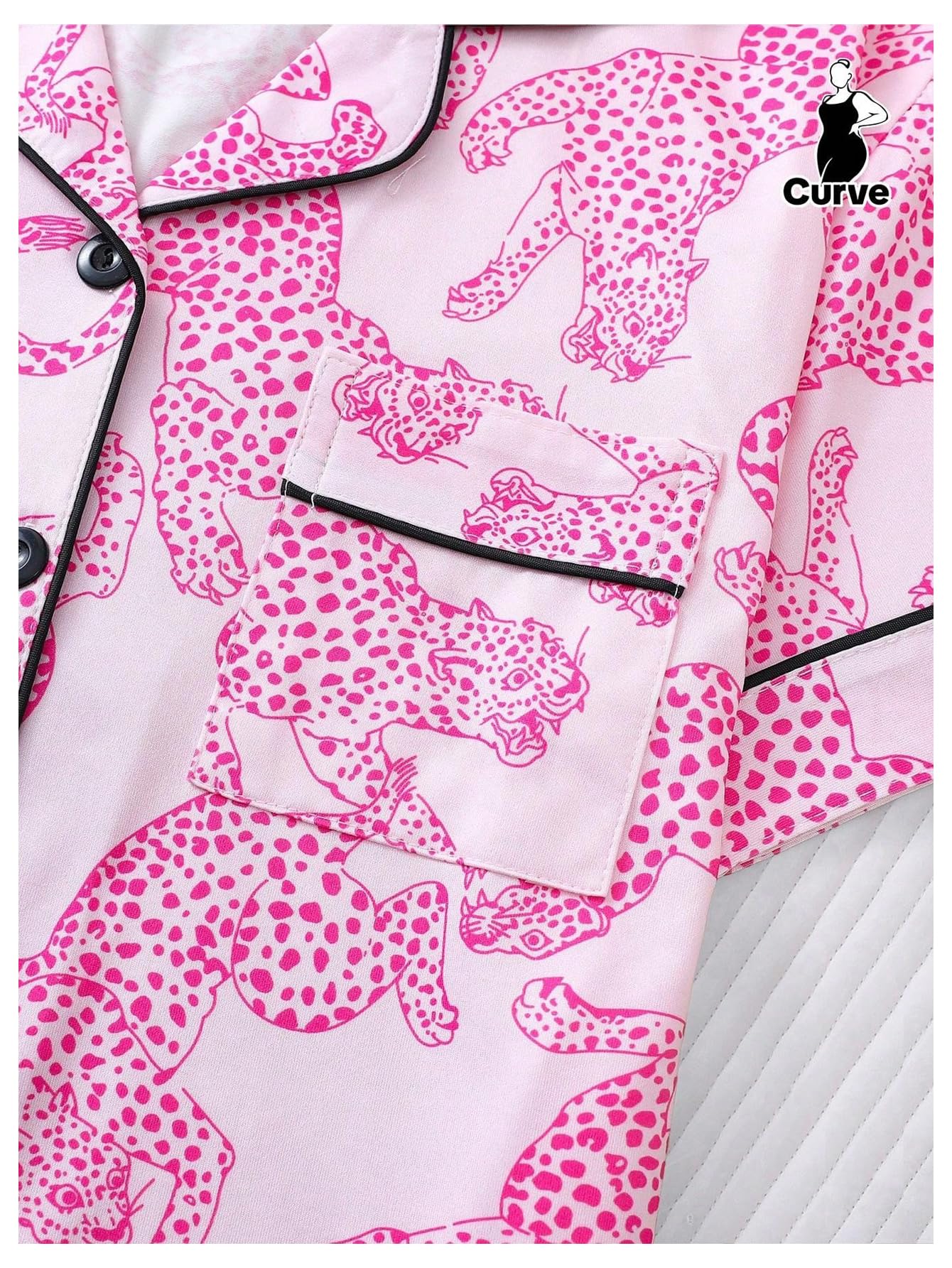WDIRARA Women's Two Piece Animal Print Short Sleeve Button Shirt and Elastic Waist Shorts Pajama Set Hot Pink Medium