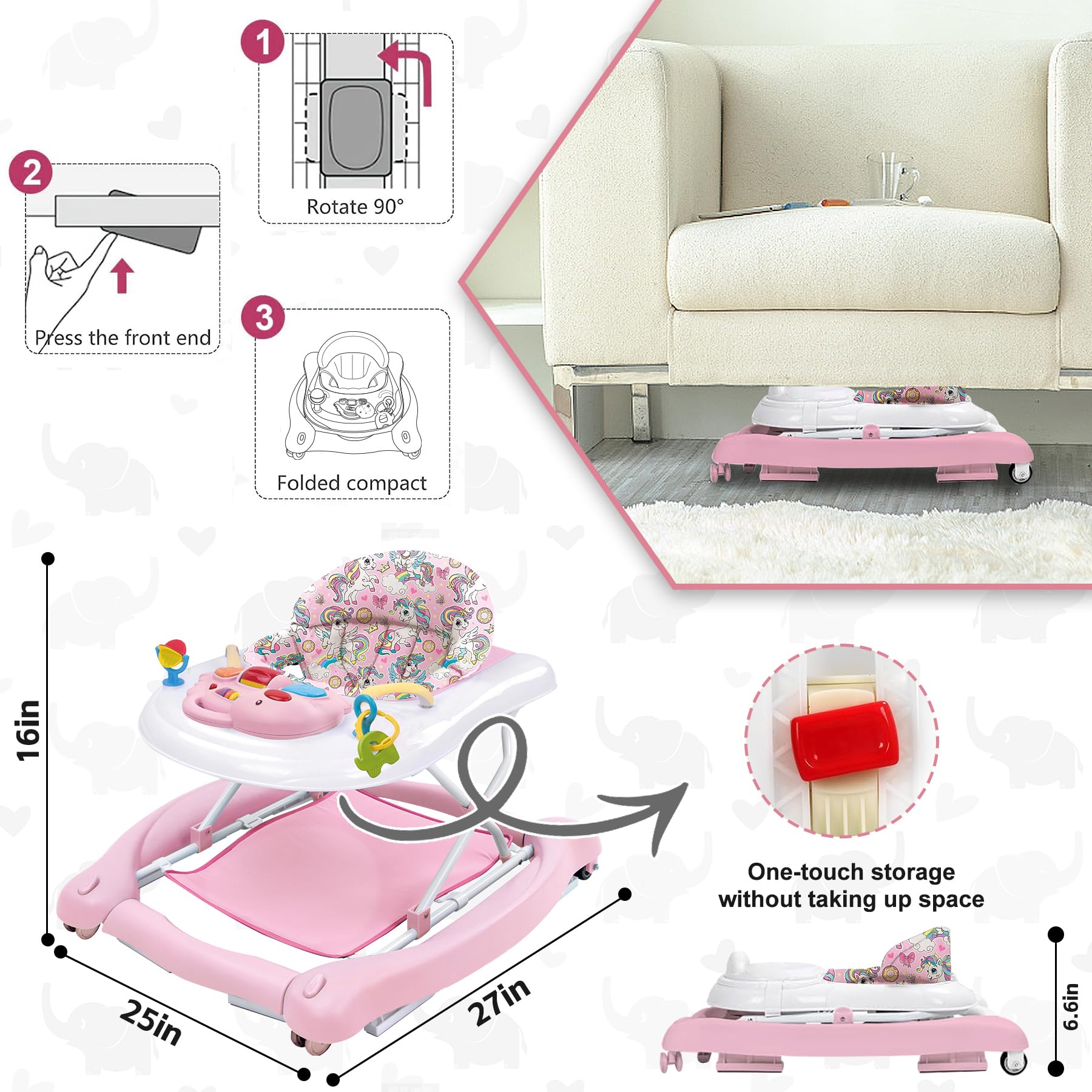 Foldable Baby 5-in-1 Activity Walker - Rocker, Activity Center, Bouncer, Seat Walker, Push Walker - Adjustable Speed Rear Wheels and Height Toys Ages 6-18 Months(Pink)