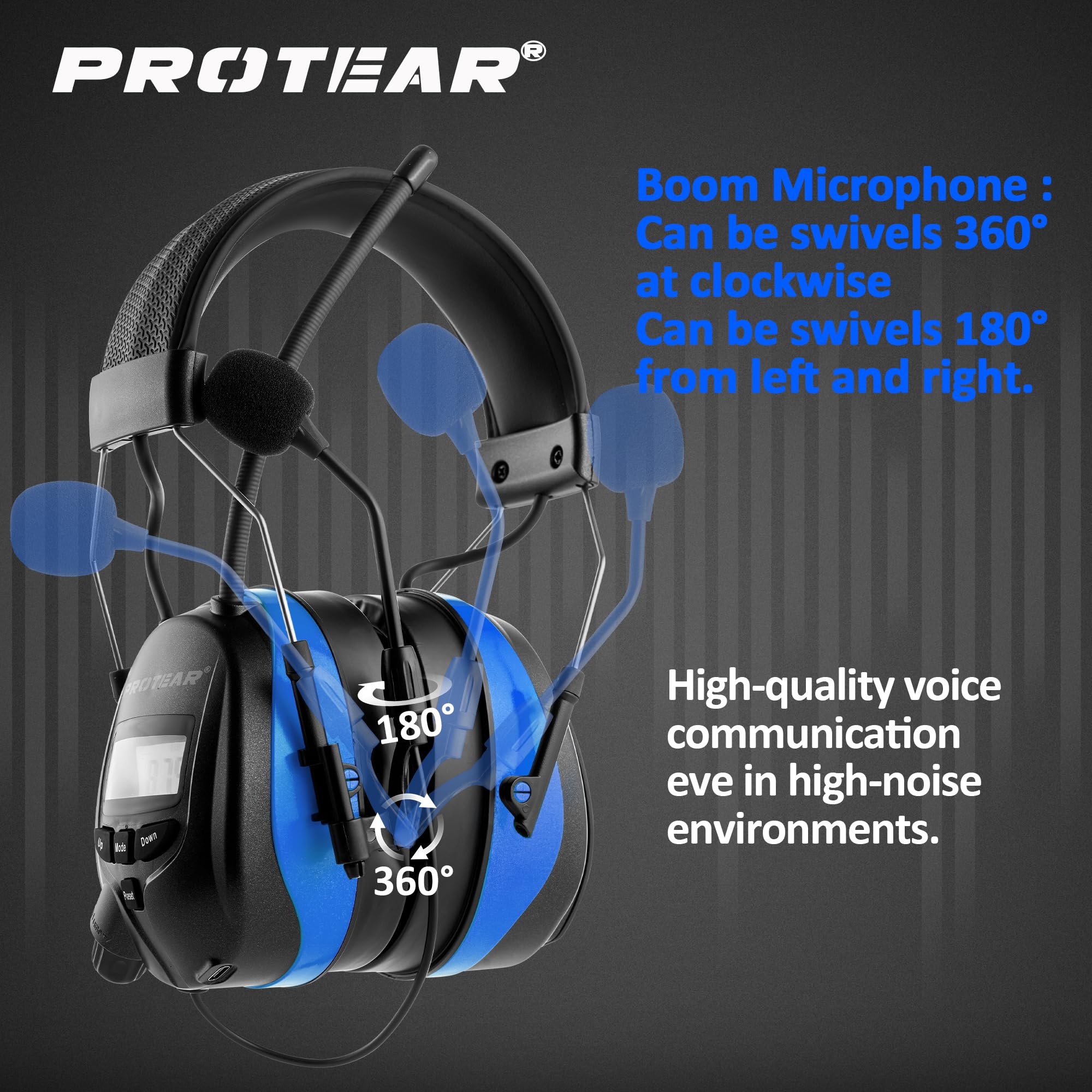 Upgraded Bluetooth 5.4 Radio Headphone with Gel Ear Pads,Ear Hearing Protection Earmuffs with Boom Mic,Rechargeable Battery,Digital AM/FM Radio Headphones for Mowing Yard Lawn Work Outdoor (Blue)
