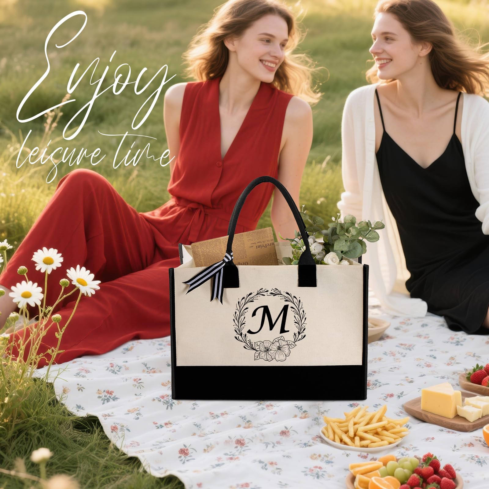 Miokok Personalized Initial Canvas Tote Bag, Beach Bags for Women, Birthday Gifts, Wedding Gift, for Mom, Teachers, Friends, Nurse（Letter S）
