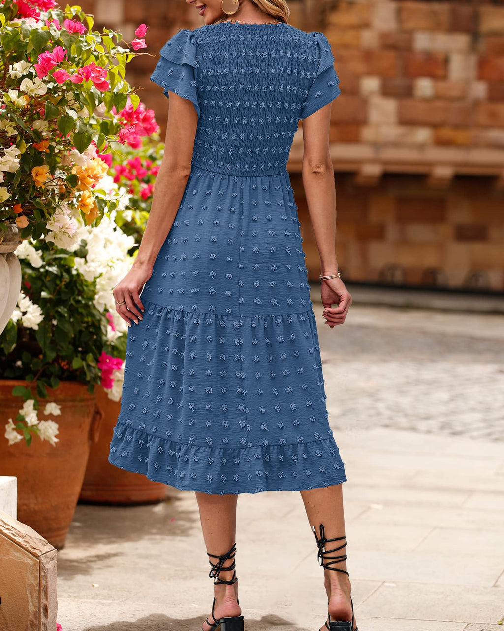 BTFBM Women Casual Summer Short Ruffles Tiered Sleeve Smocked Midi Dresses Bohemian Floral V Neck Wedding Guest Long Dresses（Solid Lake Blue,Medium