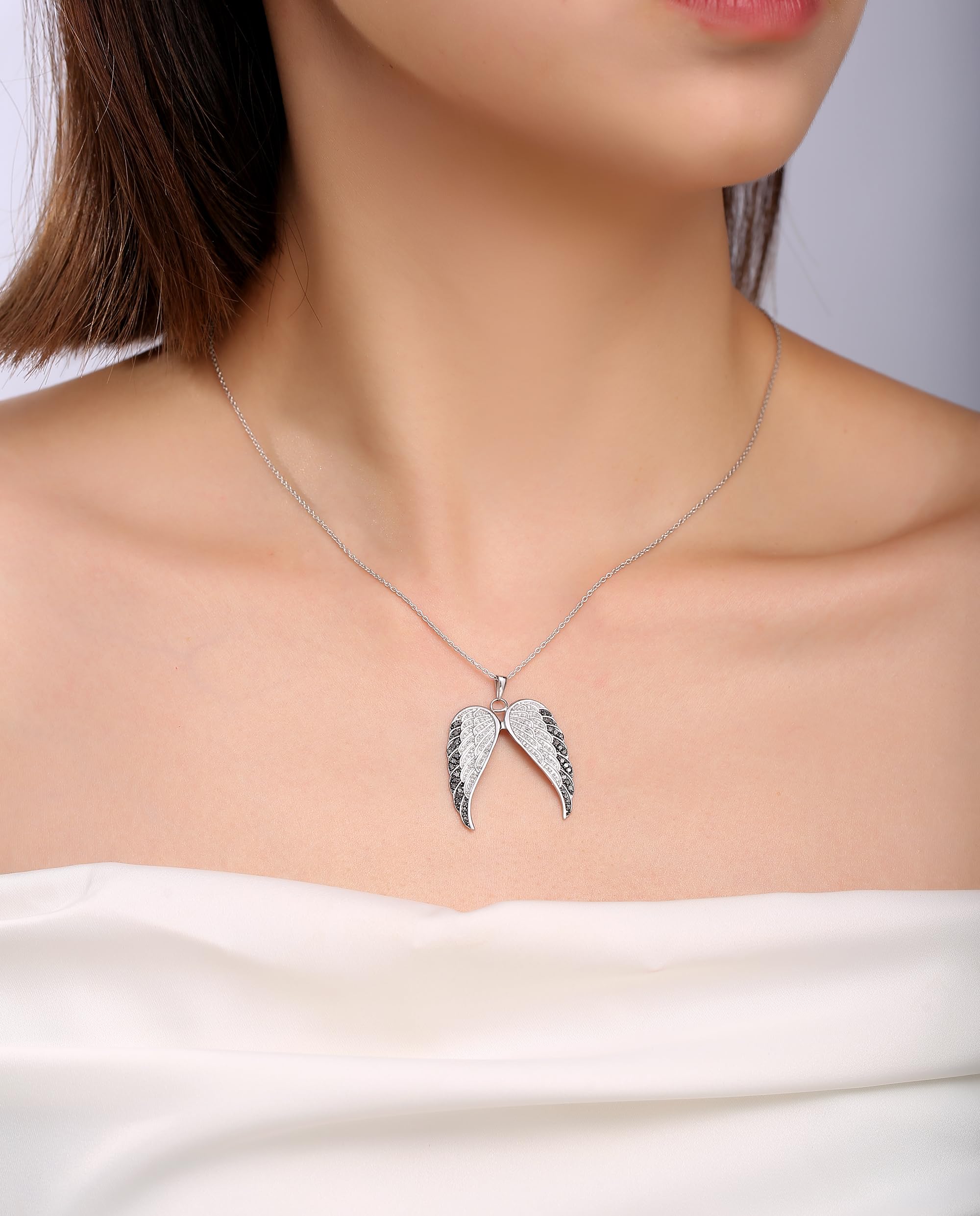 AFFY 1/2 Carat Round Cut White & Enhanced Black Natural Diamond Angel Wings Pendant Necklace In 14k Rose Gold Over Sterling Silver (0.50 Cttw) With 18" Chain