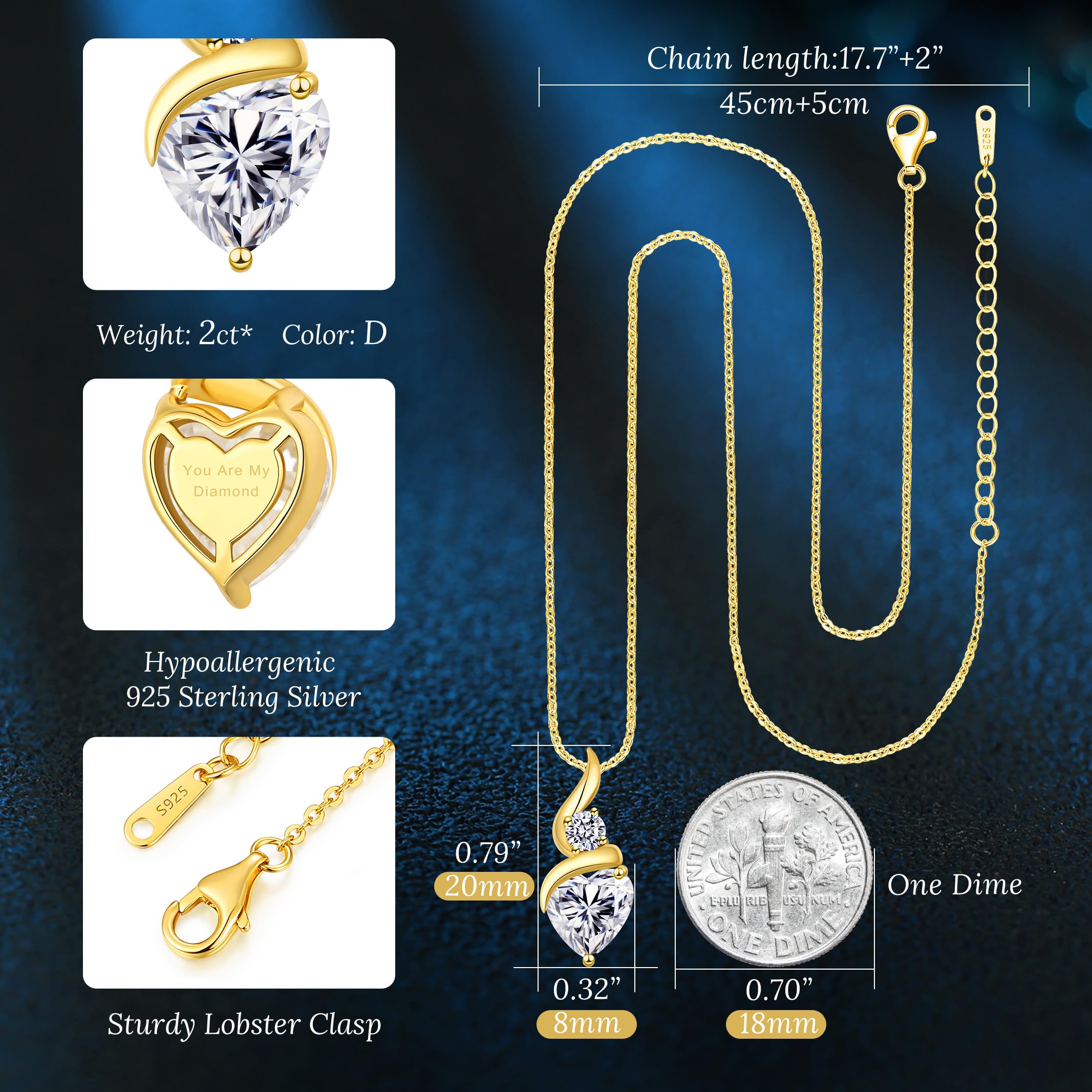 ANDSO Moissanite Necklaces for Women, 925 Sterling Silver Birthday Ideal Jewelry Gifts for Wife Girfriend Her (18K Gold-2 Carat)