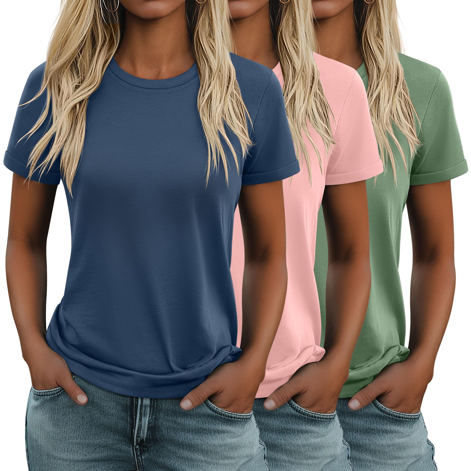 Huukeay 3 Pack Women's Cotton T Shirts Casual Short Sleeve Tunic Tops Crewneck Summer Plain Basic Loose Fit Tee(Haze Blue, Macaron Pink, Light Green,Medium)