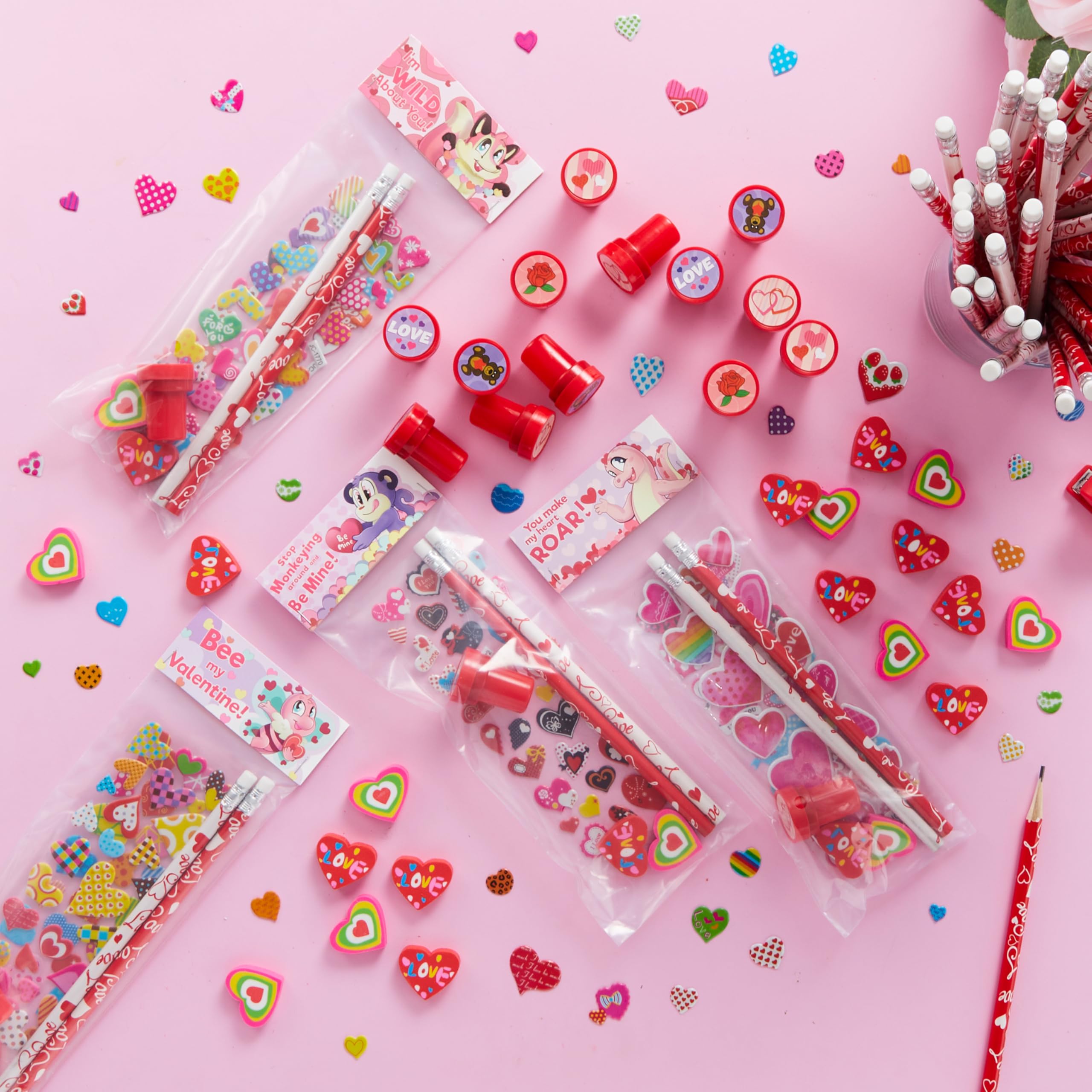 JOYIN 36 Packs Valentine Stationery Kids Gift Set, Classroom Exchange Party Favor for Holiday Reward Prizes - Includes Pencils, Erasers, Stamper, Stickers