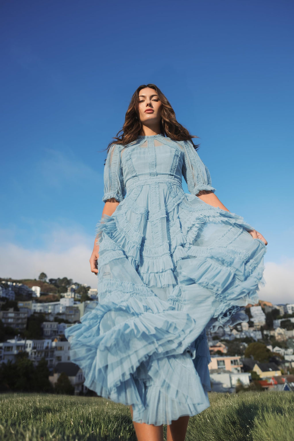 Mac Duggal Mesh Ruffle Tiered A Line Midi Dress French Blue