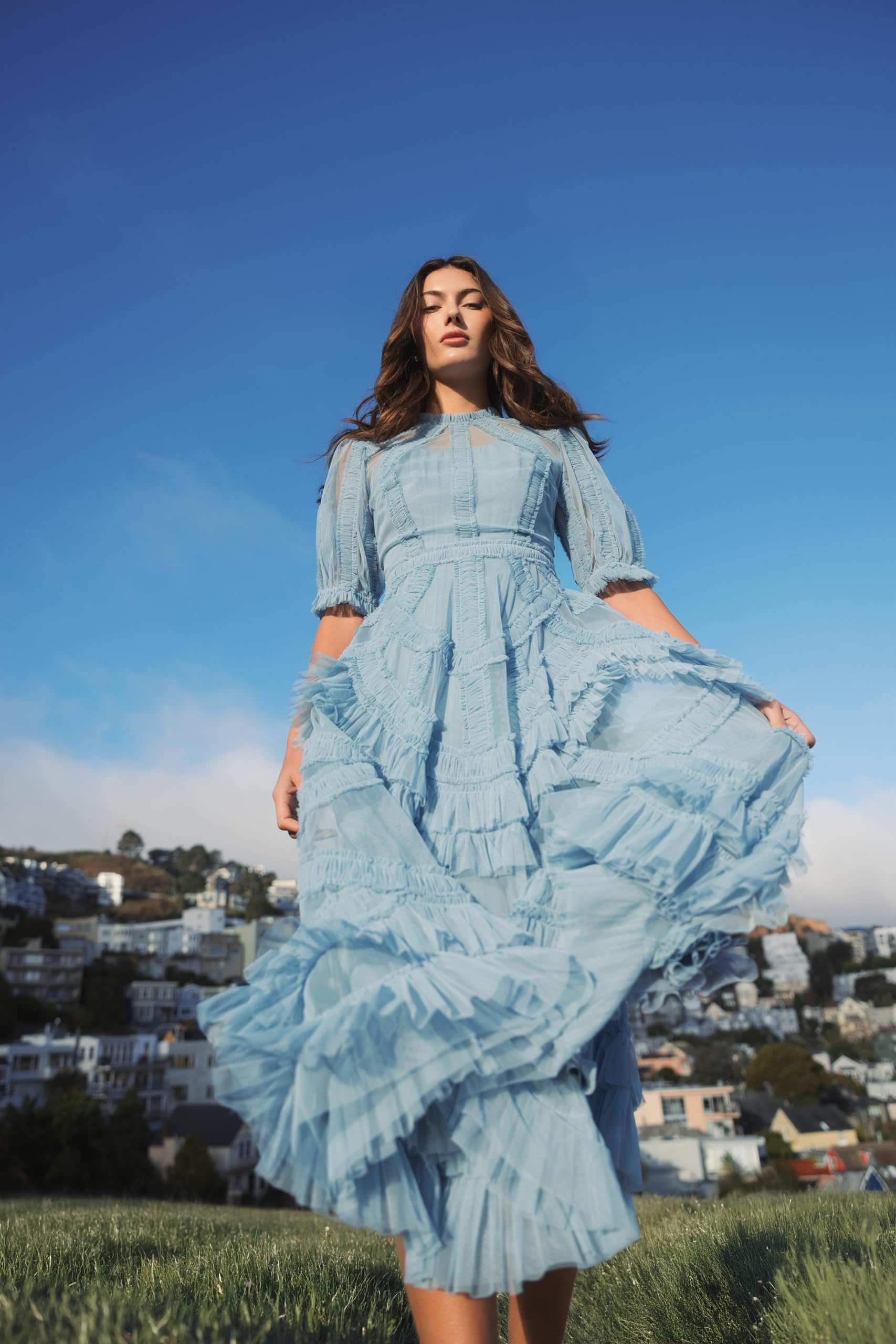 Mac Duggal Mesh Ruffle Tiered A Line Midi Dress French Blue
