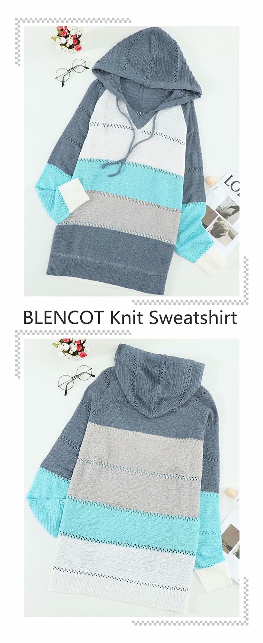 BLENCOT Women's Casual Color Block Hoodies Sweater Long Sleeve Drawstring Pullover Sweatshirts Fashion Knitted Tops Blue L