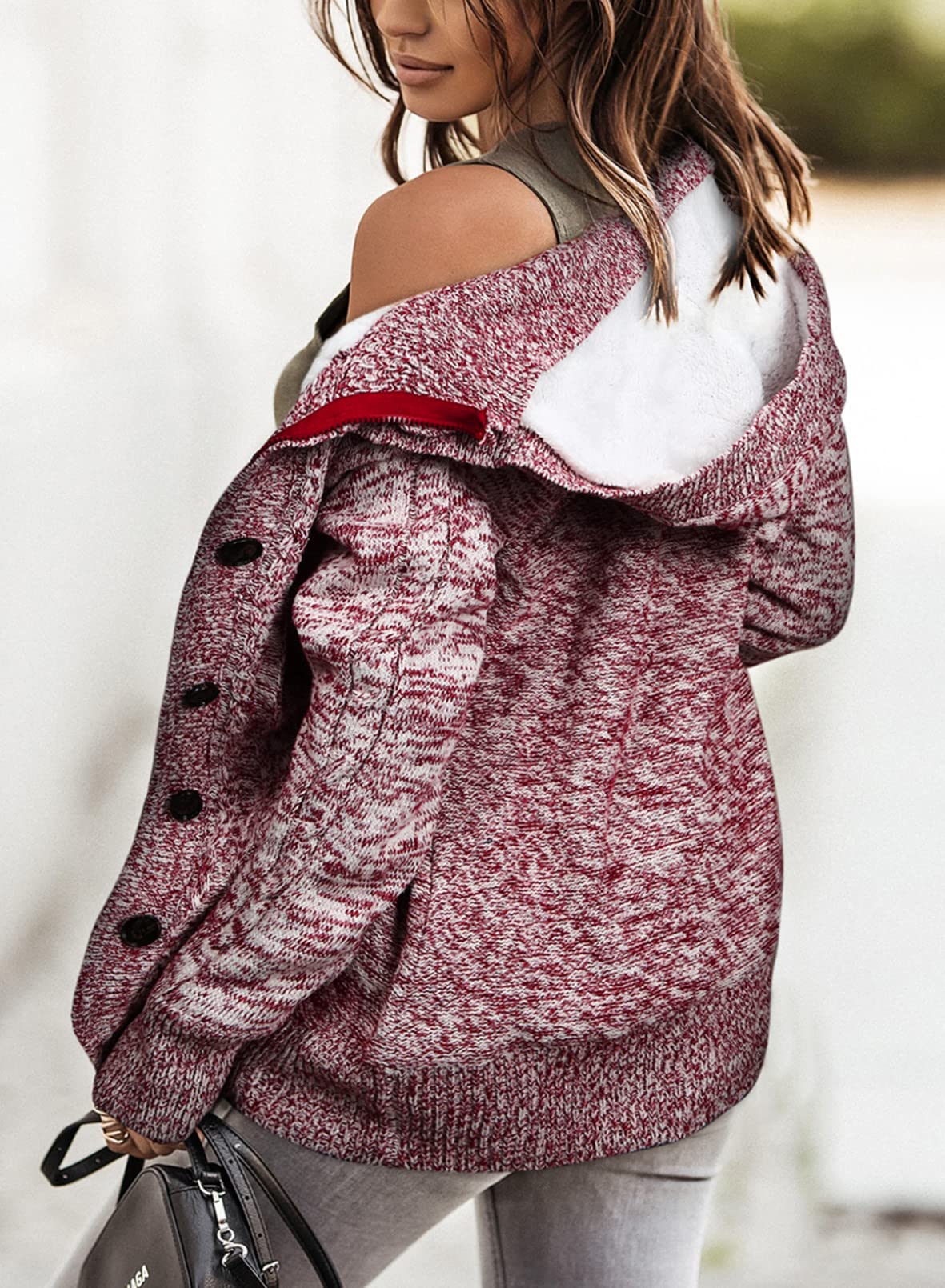 Sidefeel Women's Cardigan Hooded Fleece Lined Jackets Winter Cable Knit Sweater Coat Medium Red