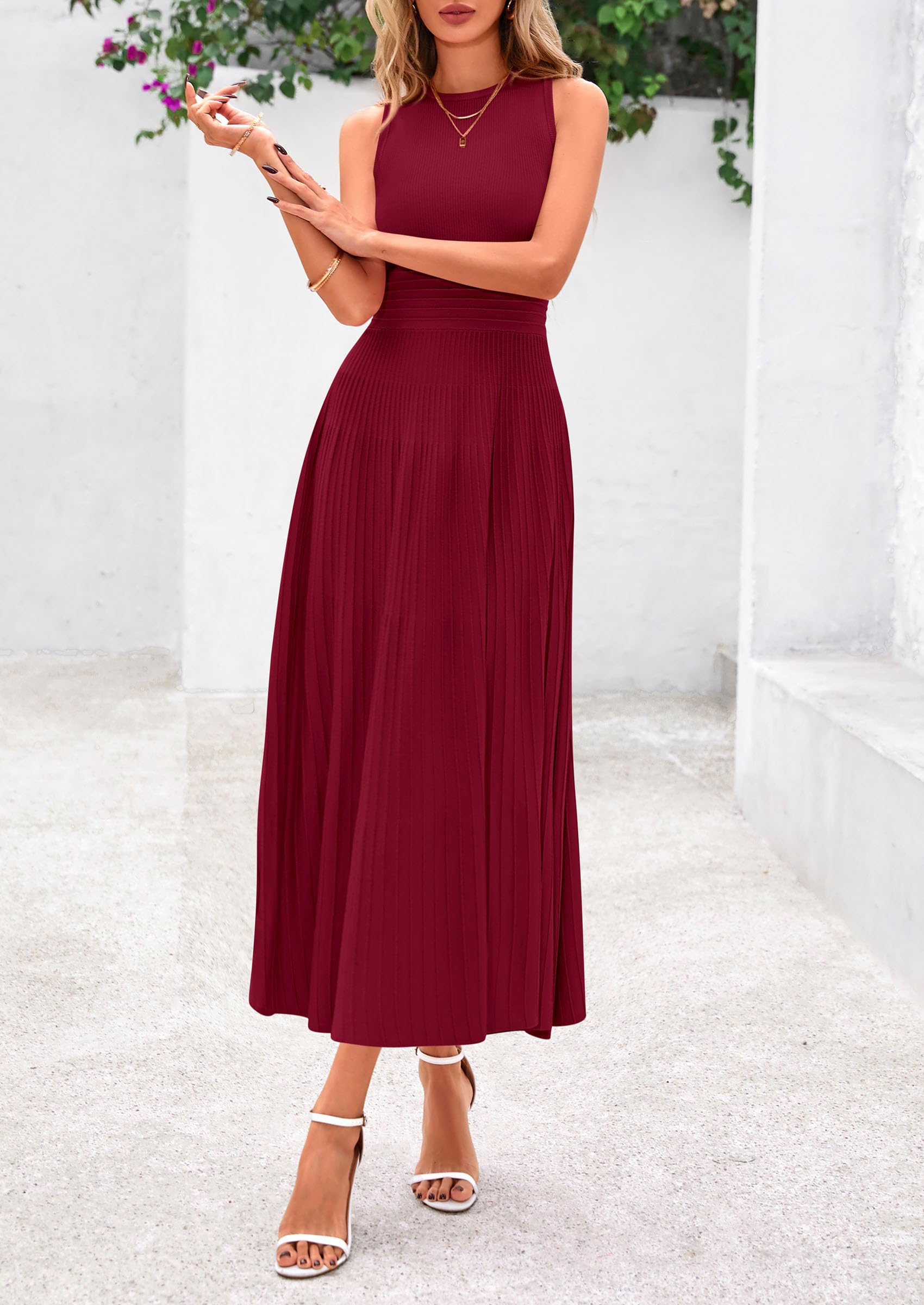 PRETTYGARDEN Spring Casual Dresses for Women 2026 Summer Business Work Midi Sleeveless A Line Pleated Cocktail Dress(Burgundy,X-Large)