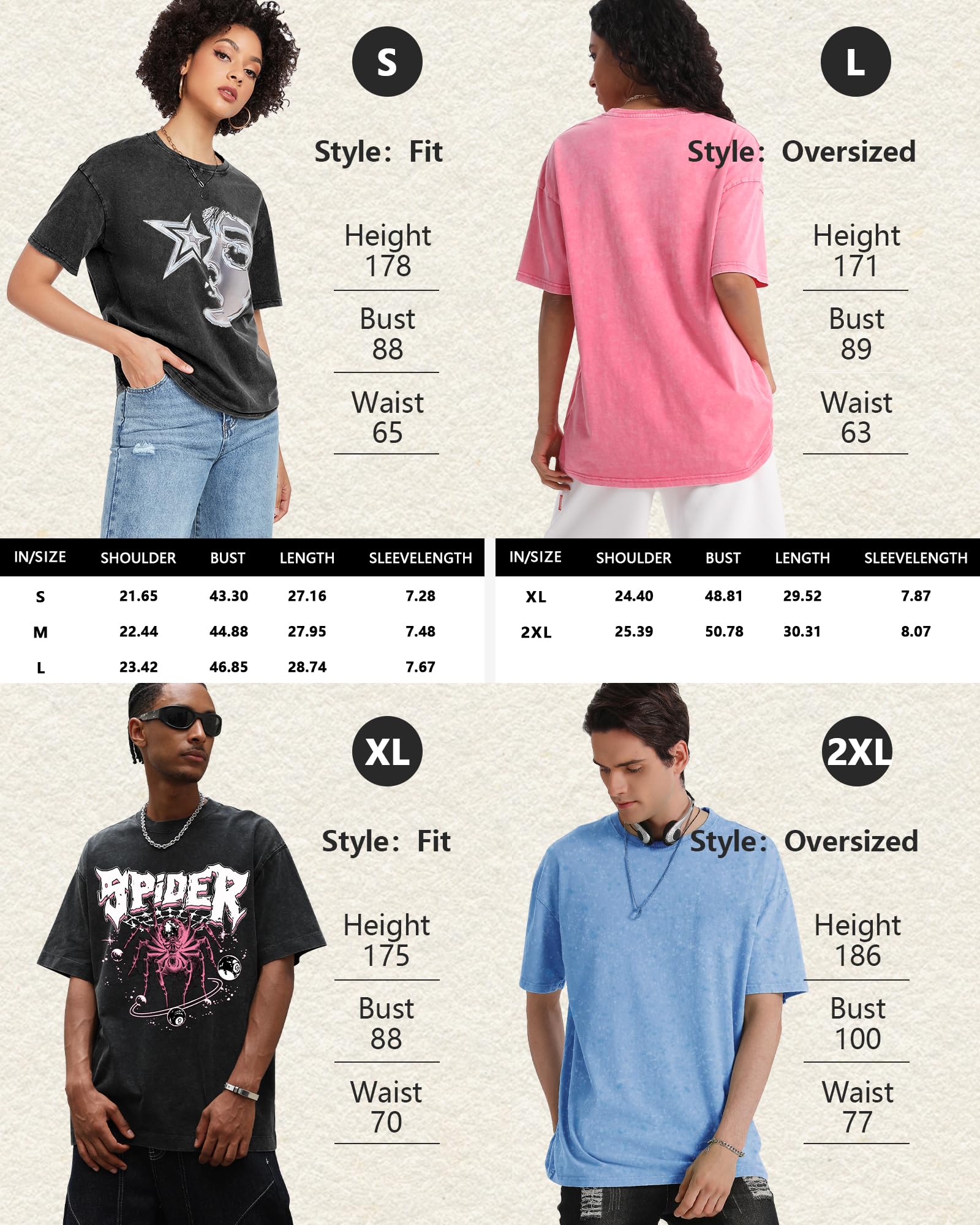 AugYew Graphic Tees Vintage Unisex Cotton Acid Washed Streetwear Oversized T-Shirts Summer Clothes Tops for Men Women,Blue,XL