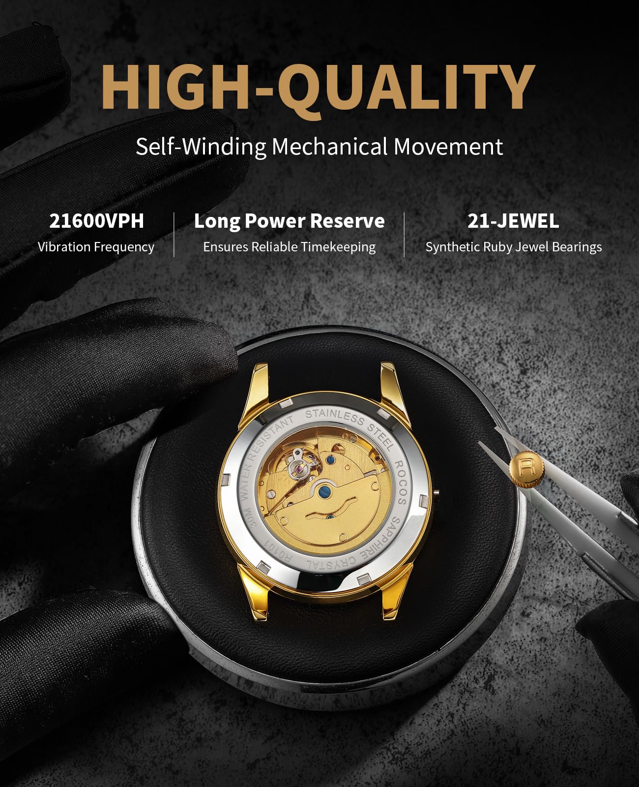 ROCOSJEWE R0101 Men's Automatic Mechanical Watch Golden Luxury Watch for Men Classic Retro Wristwatch Day Date Black Leather Strap Dress Watches Waterproof Gift for Men Fashion Business