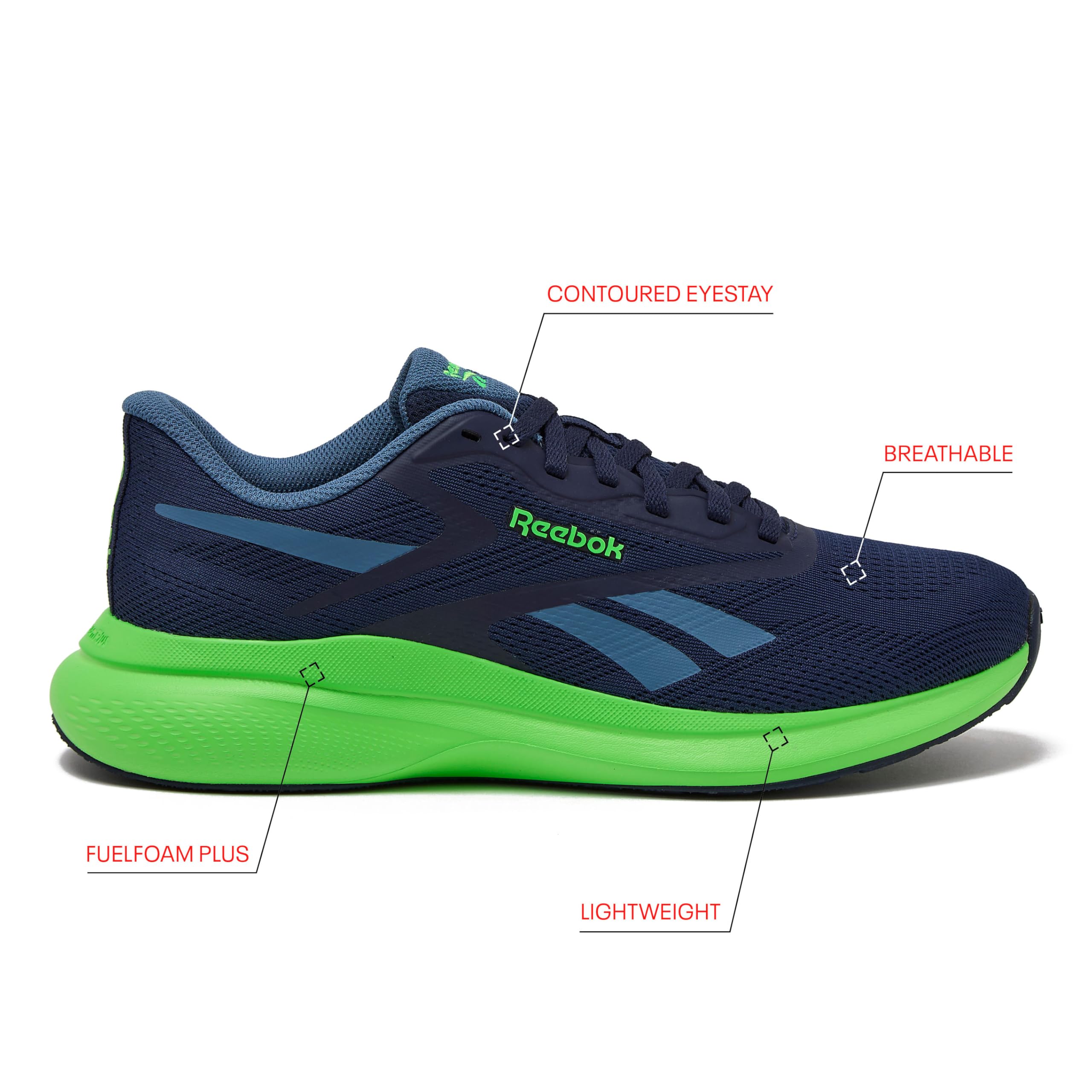 Reebok Energen Run 4 Running Shoes for Men, Lightweight Athletic Mens Sneakers Size 6.5 to 14, White or Black, Vector Navy/Twilight Blue/Solar Lime, 10.5