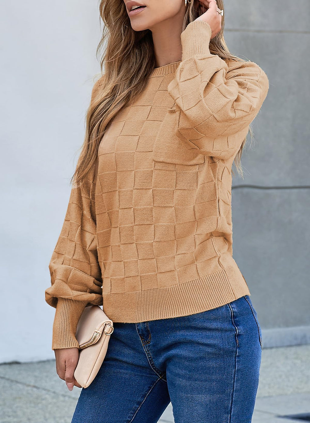 SHEWIN Sweaters for Women Casual Crewneck Long Sleeve Tops Lightweight Knit Oversized Women's Sweaters Spring Clothes for Women Khaki Large