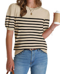 WIHOLL Womens Summer Tops Trendy Puff Short Sleeve Shirts Lightweight Knitted Blouses Spring Summer Business Casual Outfits Womens Clothes Dressy Casual Tshirts 2026 Sweaters Black Striped Shirts L