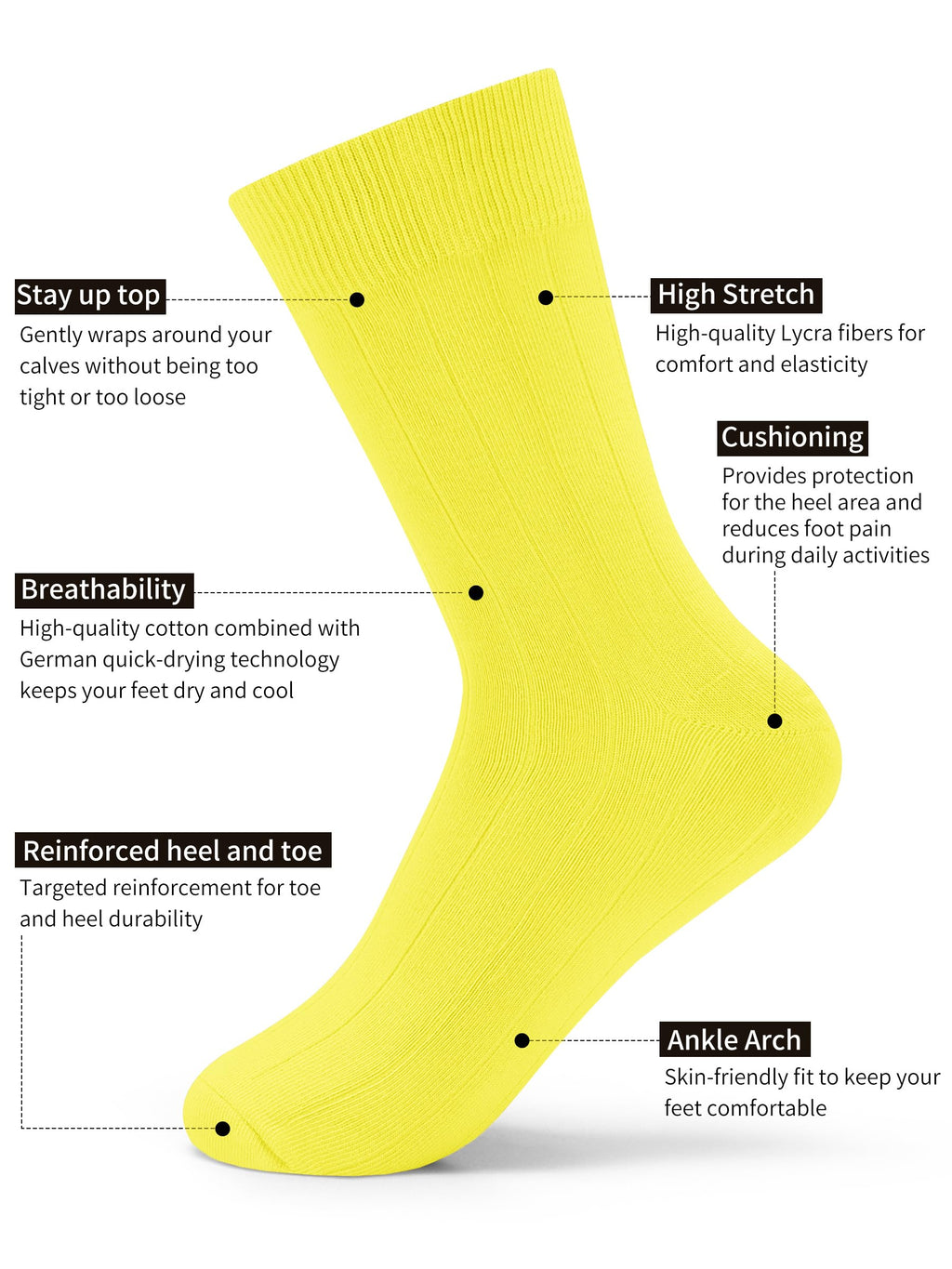 Forony Mens Dress Socks Size 9-11 9-12 8-13 Yellow Cotton Anti Odor Size 8-13 for Suit Business 3 Pack Formal