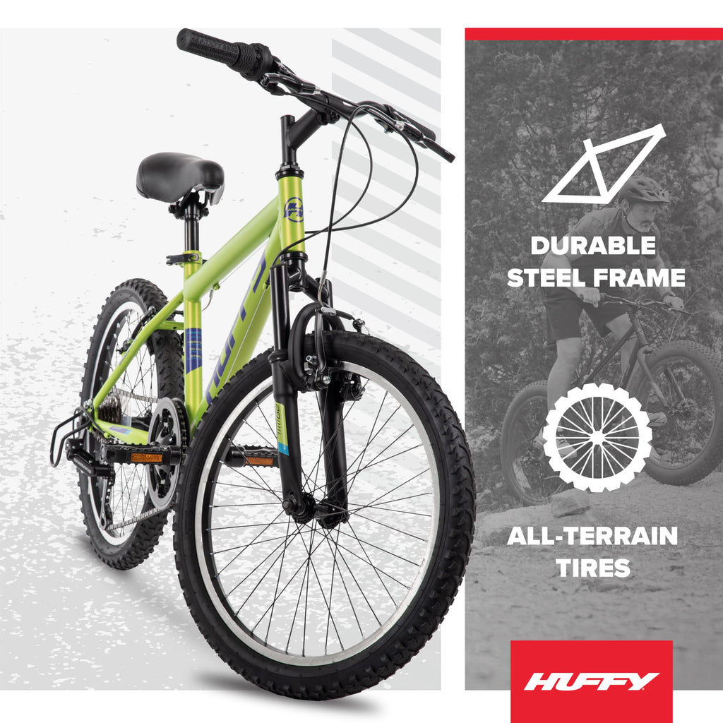 Huffy Stone 20 Inch Mountain Bike, Matte Lime Frame, 6-Speed Shimano Twist Shifting, Front Suspension, Comfort Saddle, 20"/24"/26" Sizes, 6-21 Speeds, Dual Suspension Available