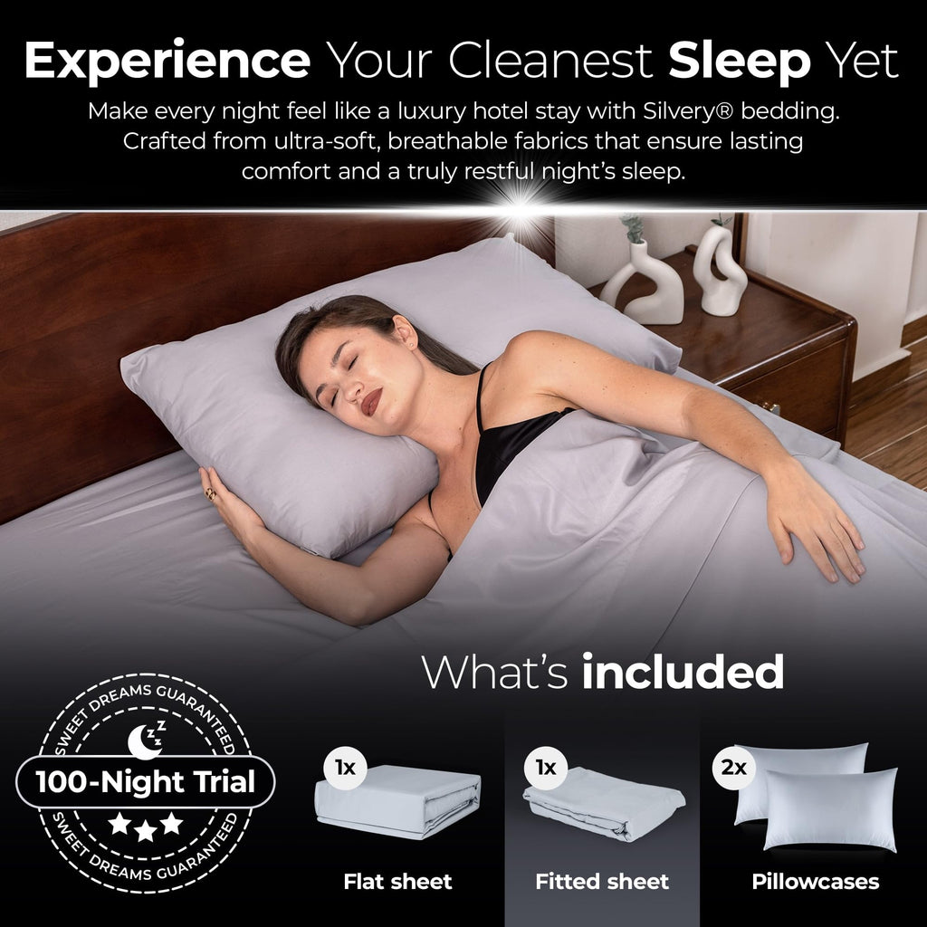 Silvery Silver Infused Bed Sheets Set - Ultra-Soft Temperature-Regulating Fabric with Self-Cleaning Technology™ That Stays Fresh 3X Longer for Hygienic Sleep (Gray, Queen)