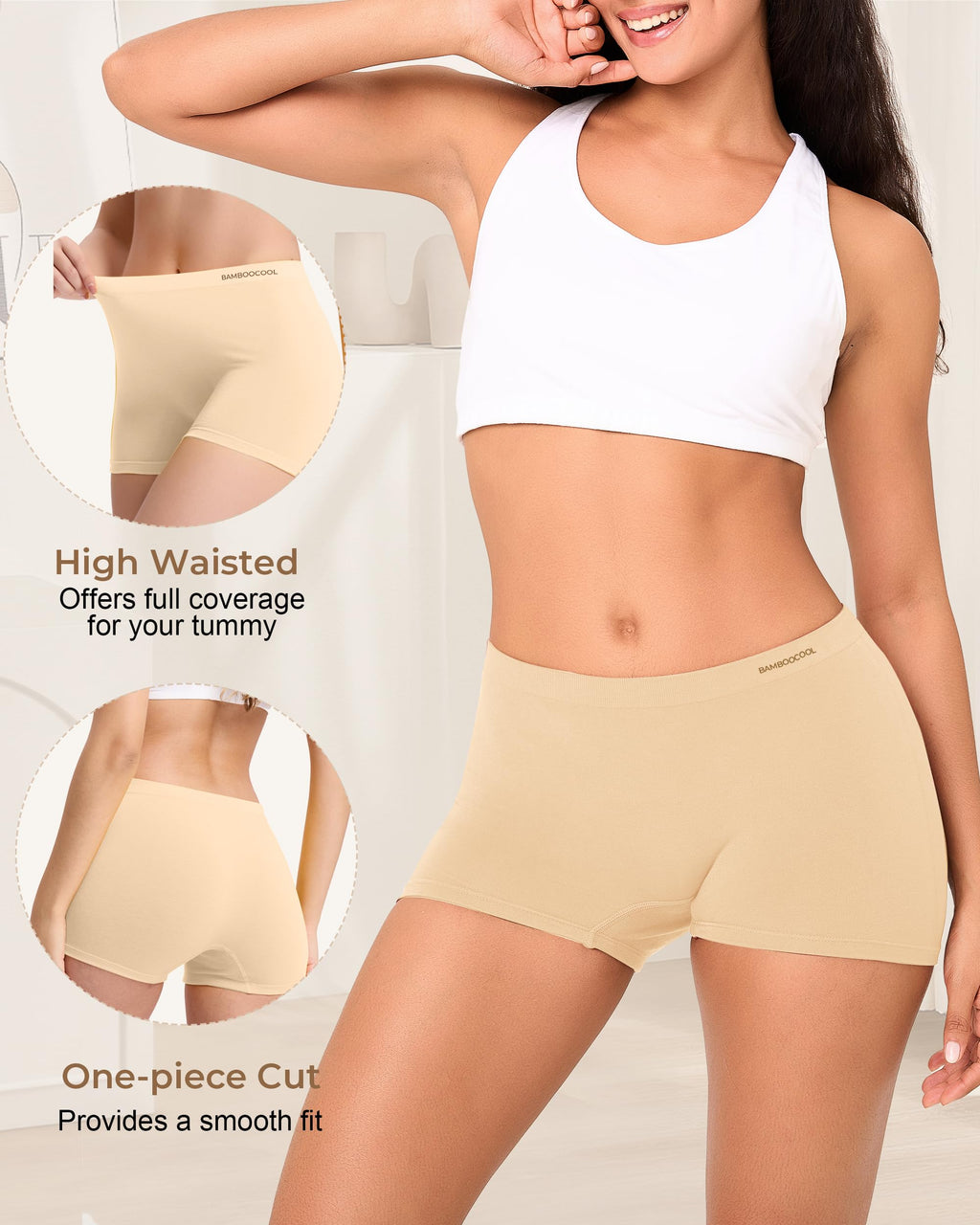 BAMBOO COOL Womens BoyShorts Underwear Seamless Boxer Briefs Mid Waist Full Coverage Moisture Wicking Ladies Panties 5 Pack