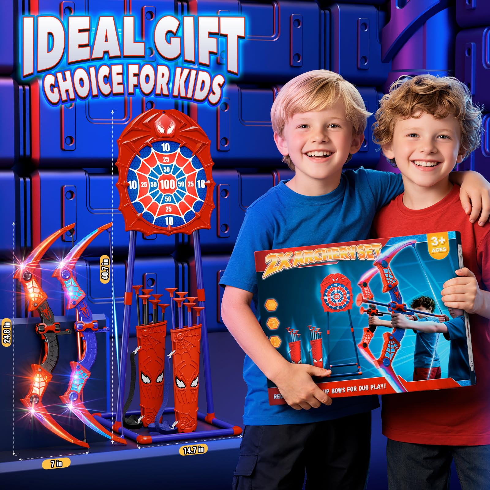 Fzlirou Toys for Boys Age 3-12, 2 Pcs Shooting Set with Red & Blue LED Lights, Standing Target & 2 Quiver, Indoor & Outdoor Kid Toys Gifts for 3 4 5 6 7 8 9 10 11 12 Year Old Boys Girls