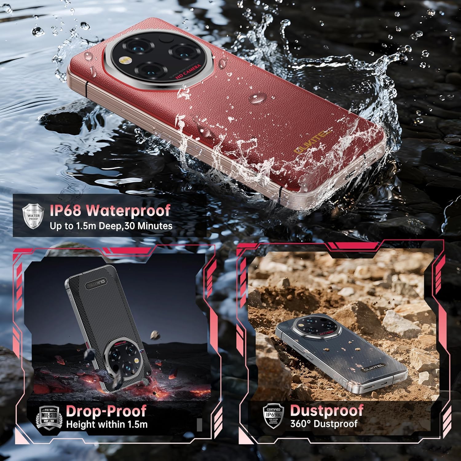 OUKITEL WP210 512GB Rugged Smartphone 5G Unlocked-36GB+512GB,8800mAh Massive Battery, 6.7" AMOLED 120Hz Display,108MP Camera, IP68/69K, Android 15, 45W Fast Charge, Dual SIM,Fingerprint, WiFi 6,Red
