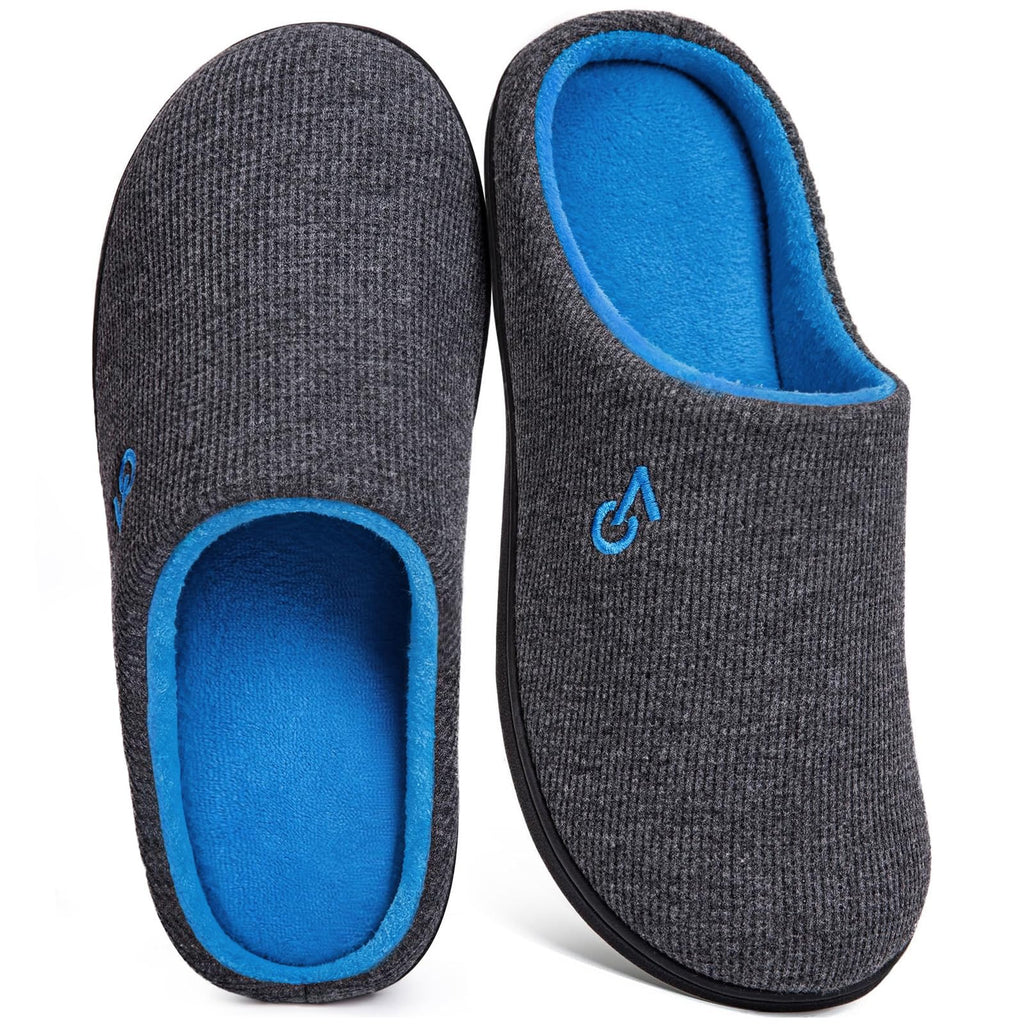 VeraCosy Men's Two-Tone Memory Foam House Slippers Indoor Outdoor Durable Rubber Sole (Dark Gray/Blue, 11-12 US)