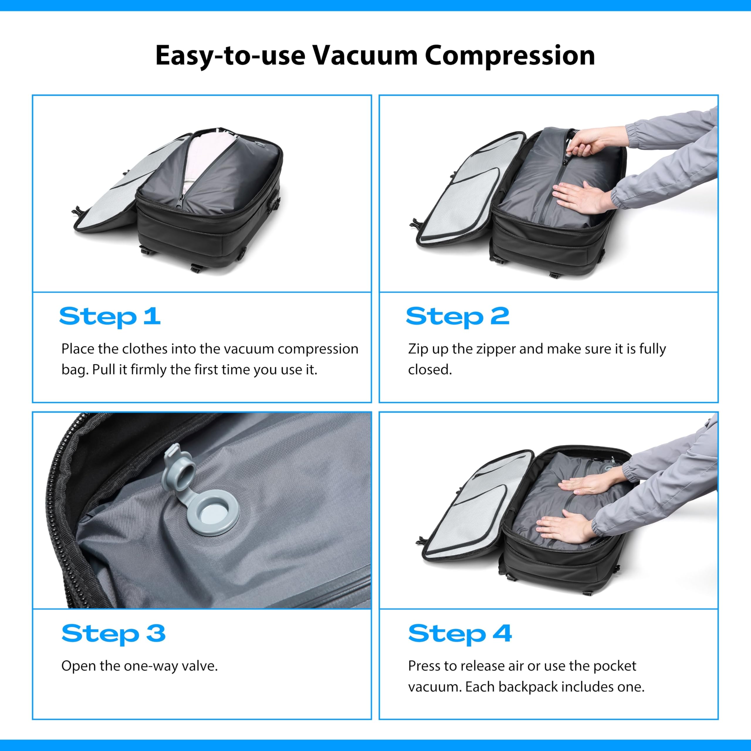 MEGABACK Vacuum Backpack Travel with Pump, 60L Expandable Airbag Travel Backpack, Travel Backpack with Vacuum System, TSA Lock, USB Charging Port, Water Resistant
