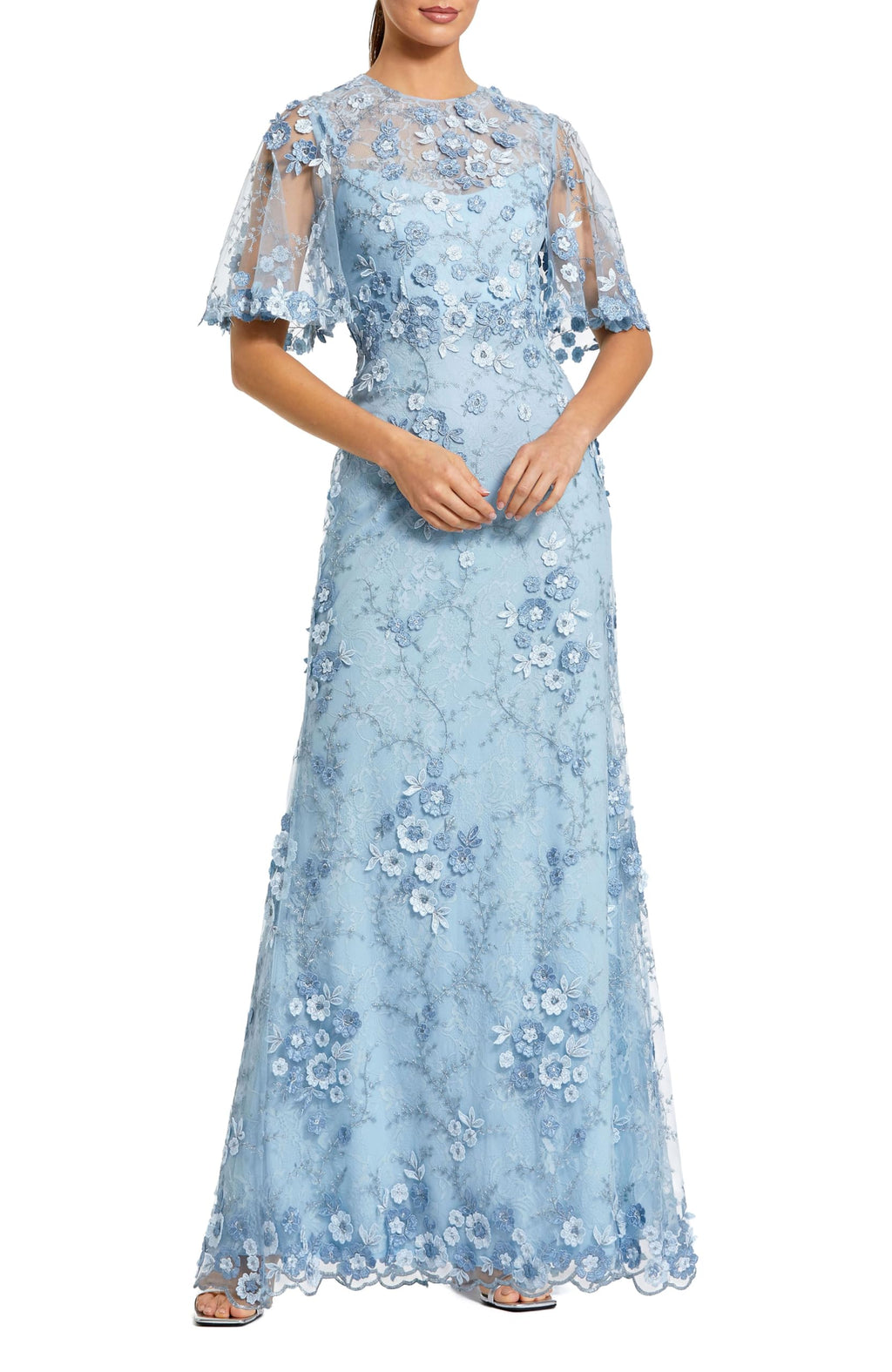 Flutter Sleeve Floral Emboridered Net Gown French Blue