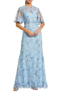 Flutter Sleeve Floral Emboridered Net Gown French Blue